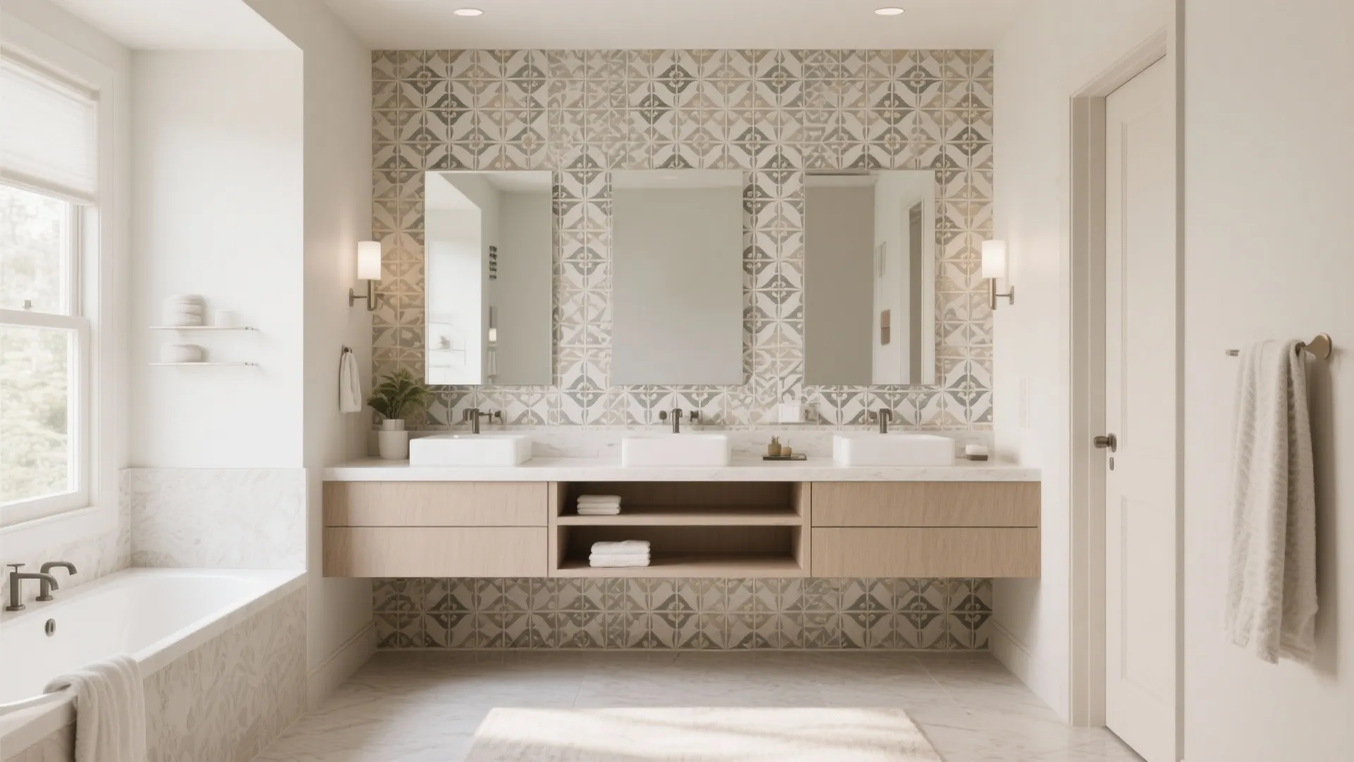 Spacious bathroom with patterned wall tile three mirrors three sinks and a wood floating cabinet