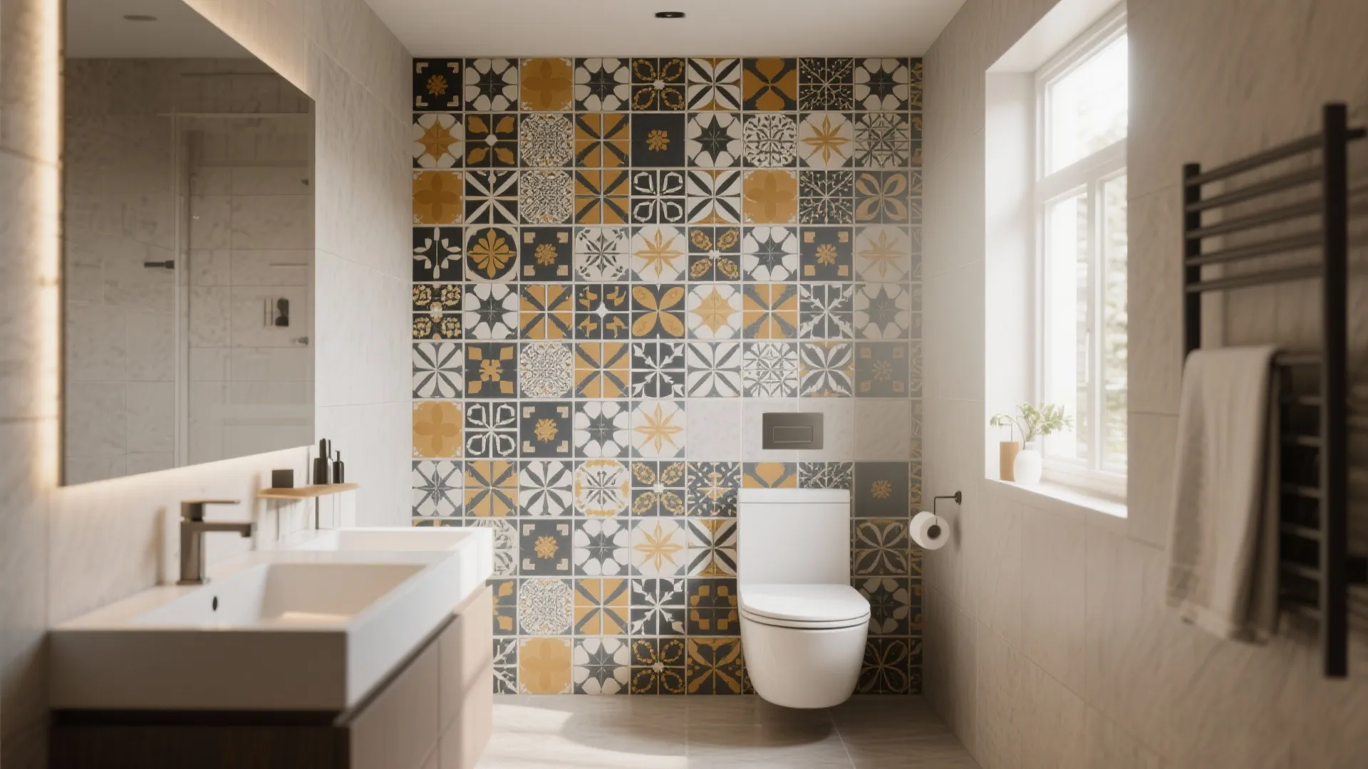 Bathroom featuring colorful patterned tile wall behind a white toilet and a double white sink