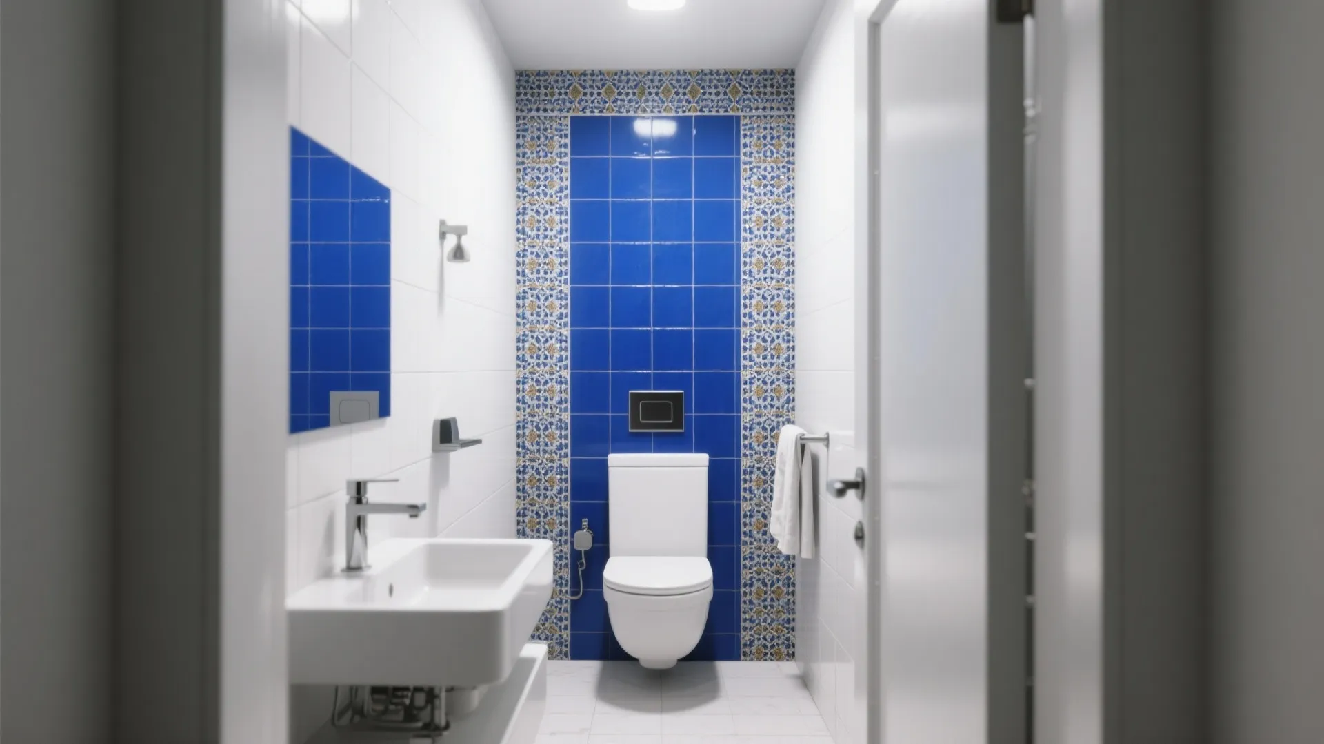Small white bathroom featuring blue patterned wall tiles behind toilet with white sink and mirror