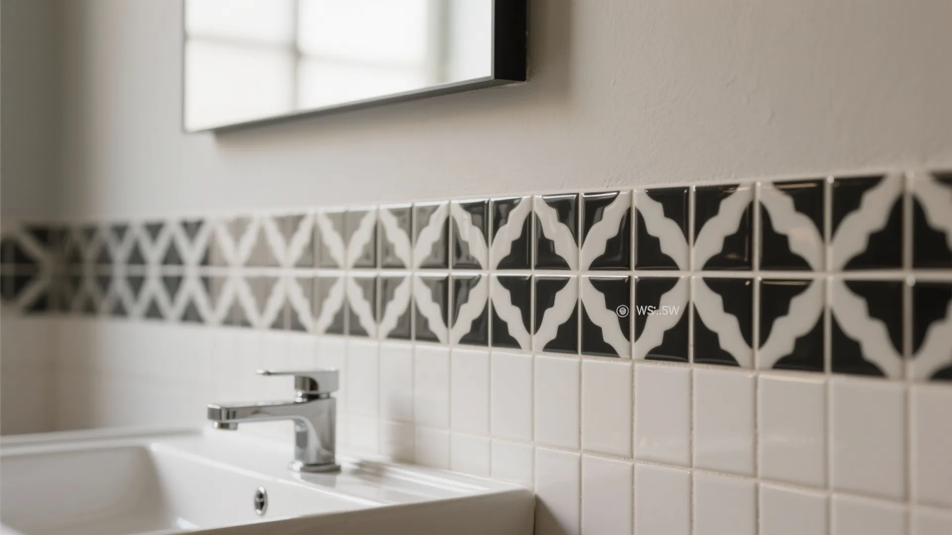 Bathroom sink with chrome faucet and decorative black and white wall tiles in modern interior