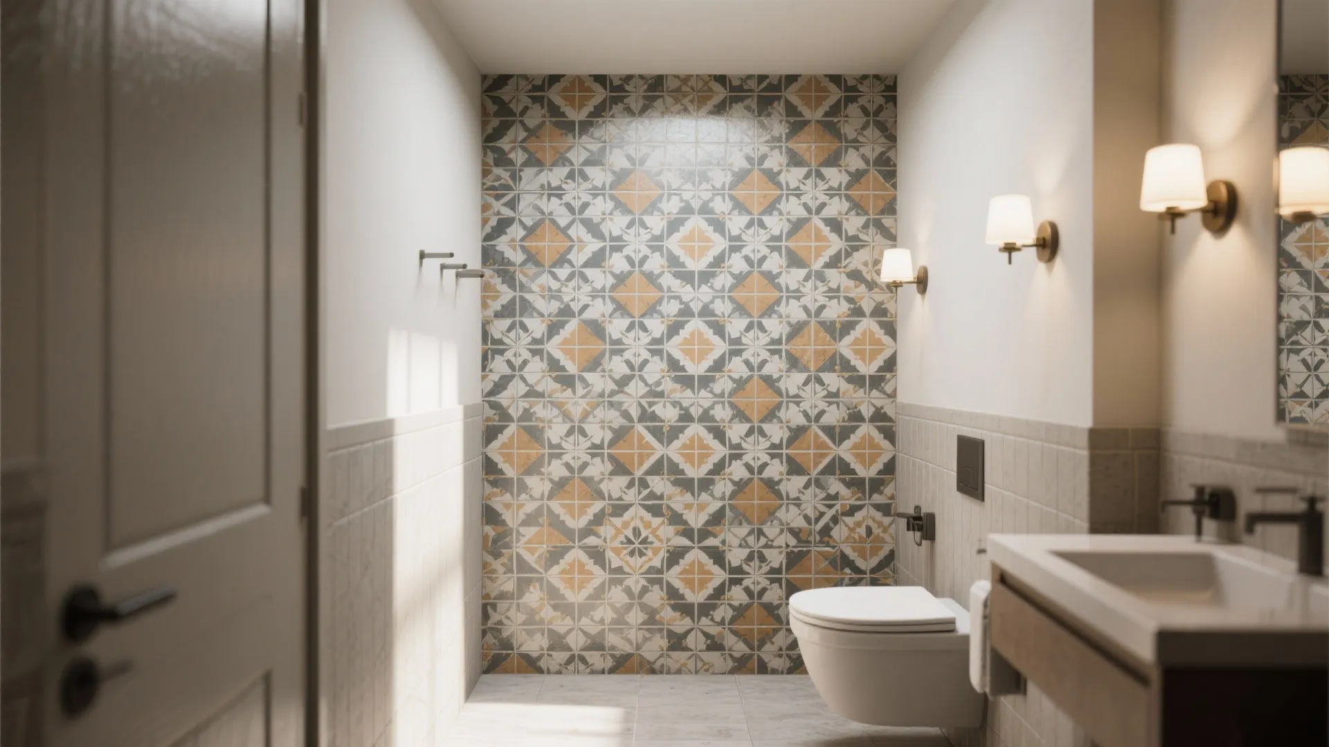 Modern bathroom interior with yellow patterned tiles white wall hung toilet and several warm wall lights