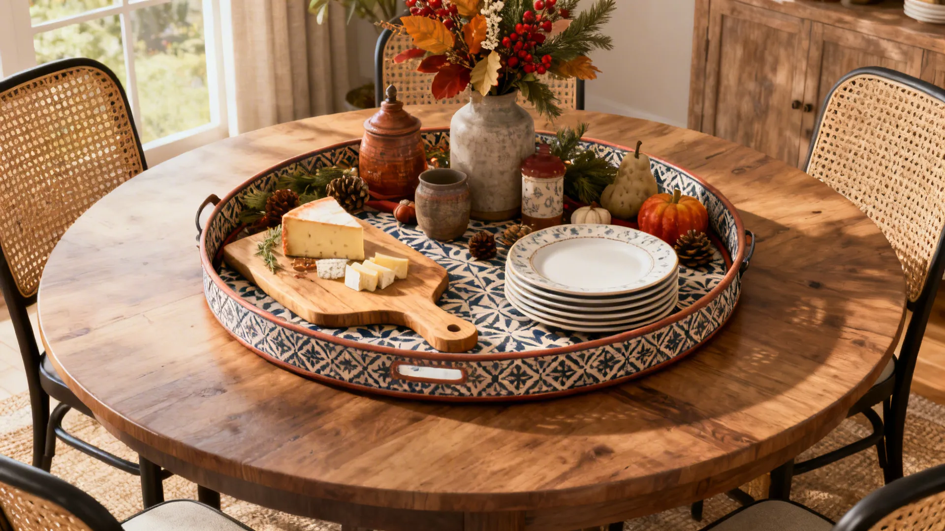 Round table with a large decorative tray holding seasonal decor and a cheese board, contained and practical.