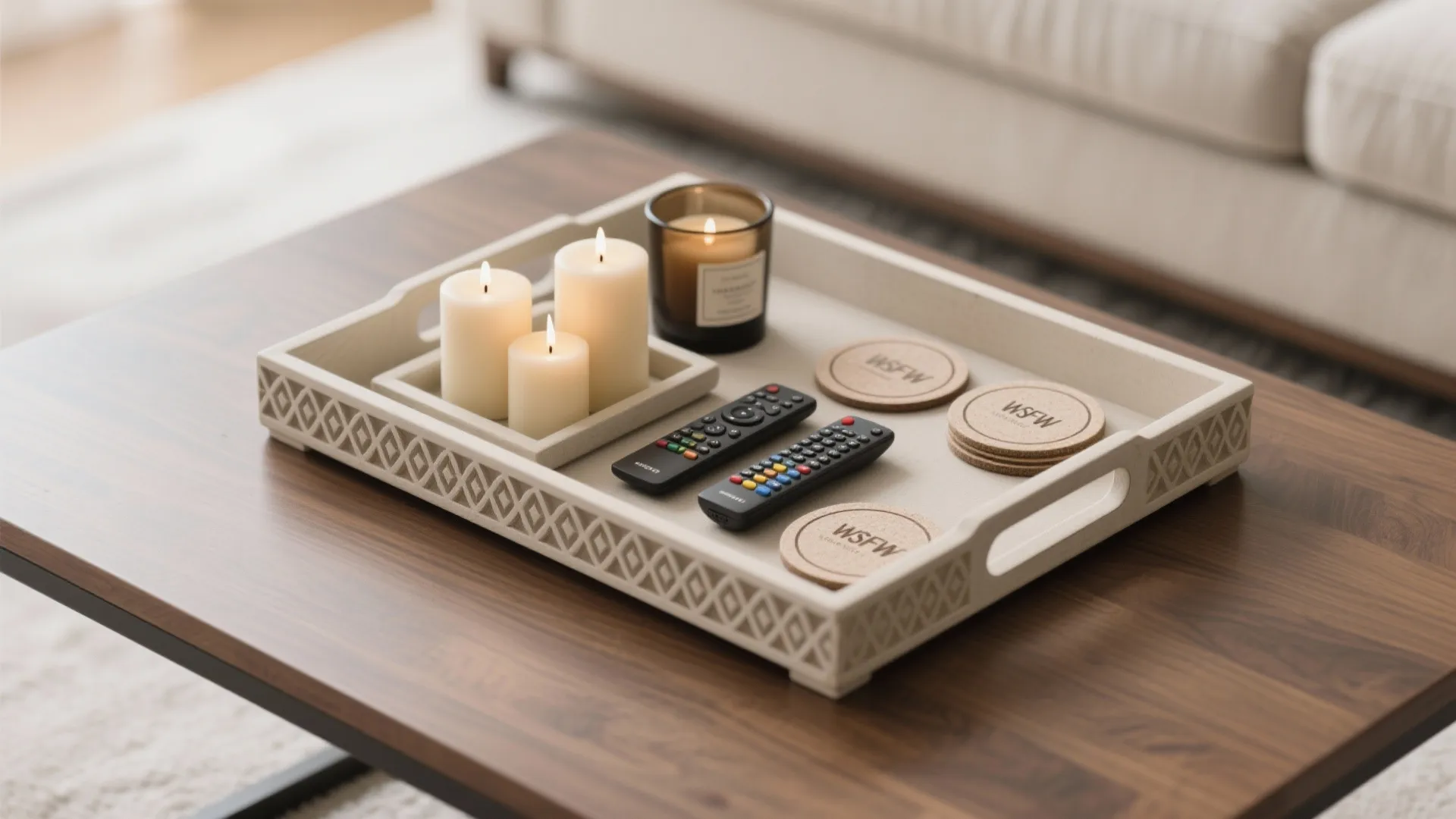Wooden coffee table holding a decorative tray with three white candles, two remotes, and coasters