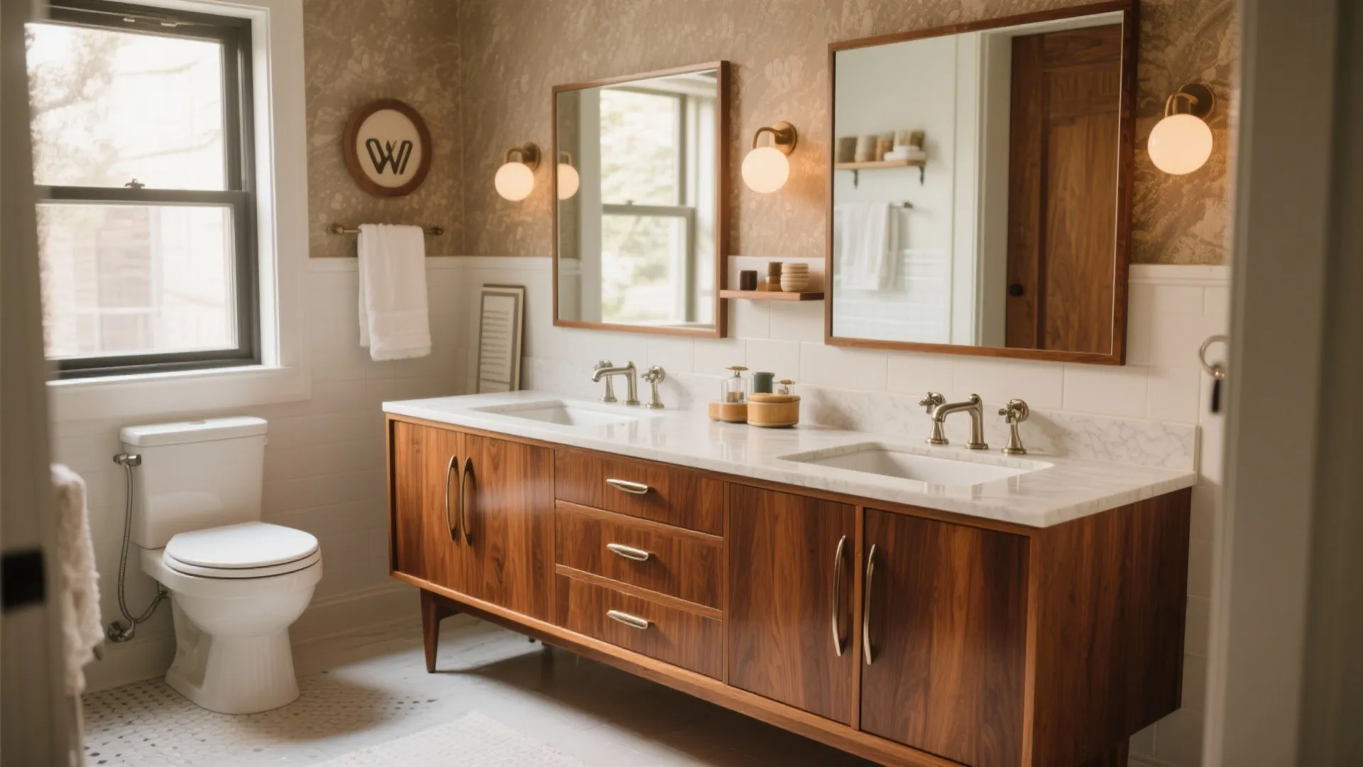 Mid-century sideboard repurposed as double vanity