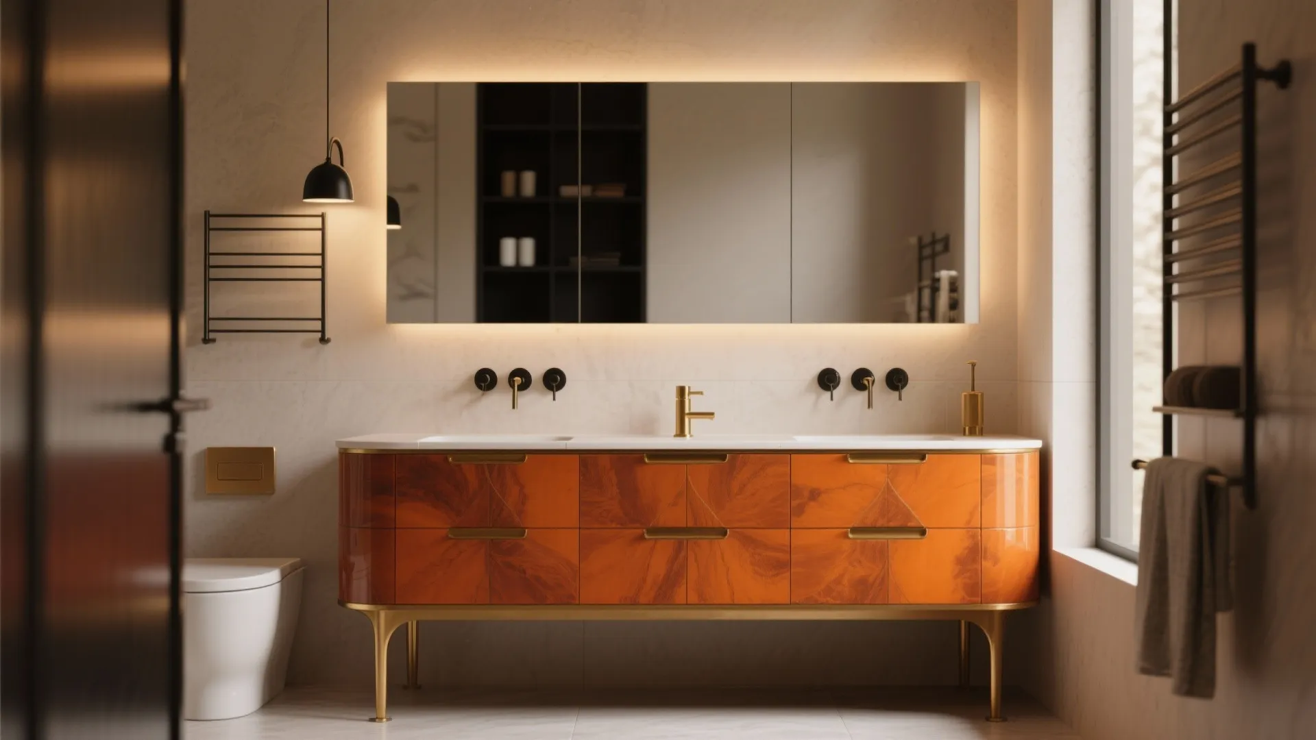 Burnt orange vanity with brass and matte black hardware.