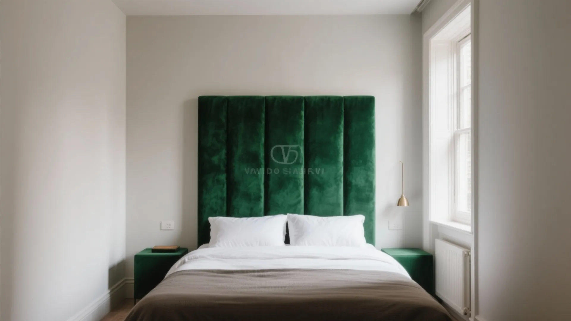 Modern bedroom featuring a large green velvet headboard with white bedding and a gold lamp