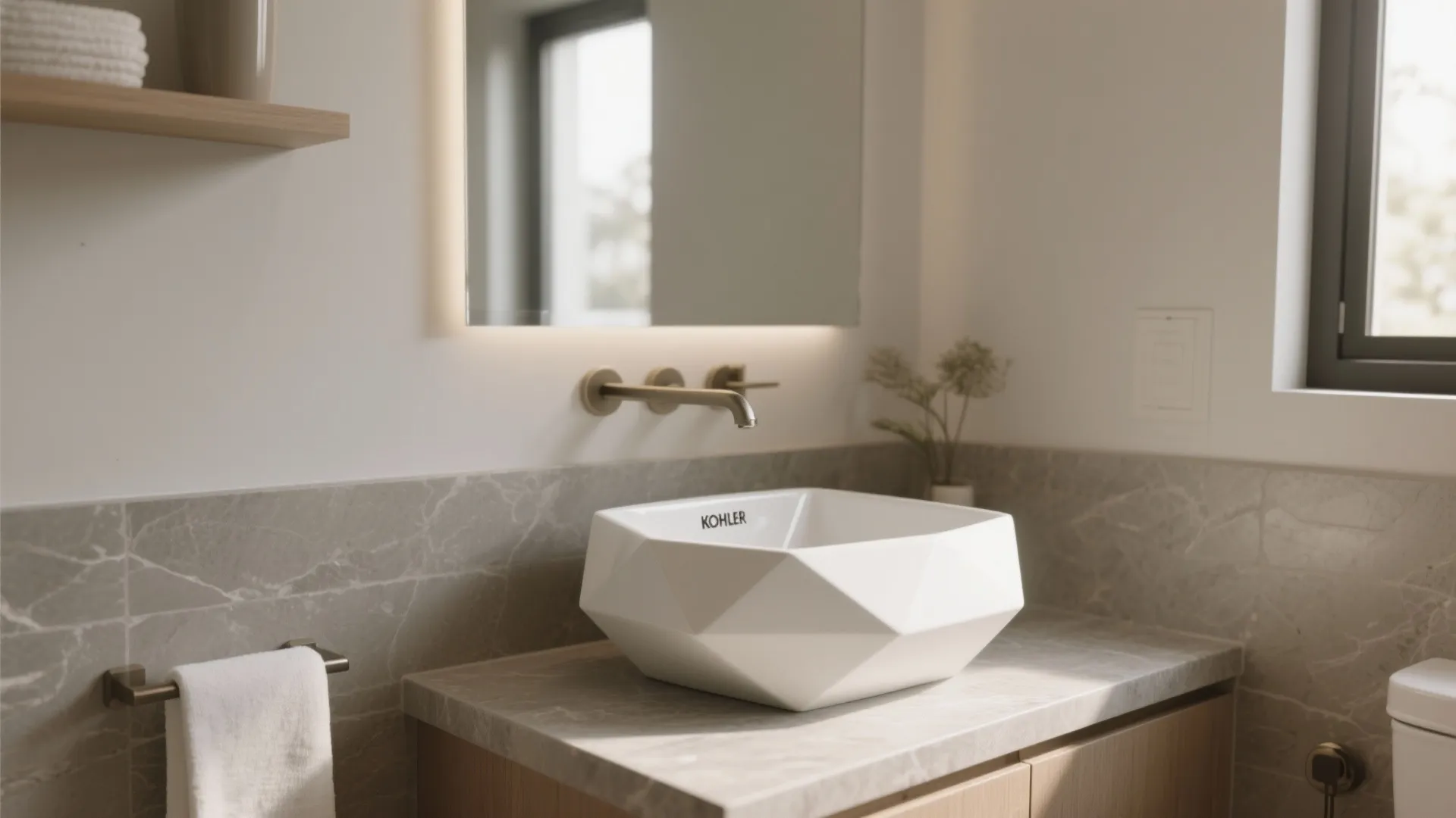 White geometric vessel sink on stone counter in a compact bathroom