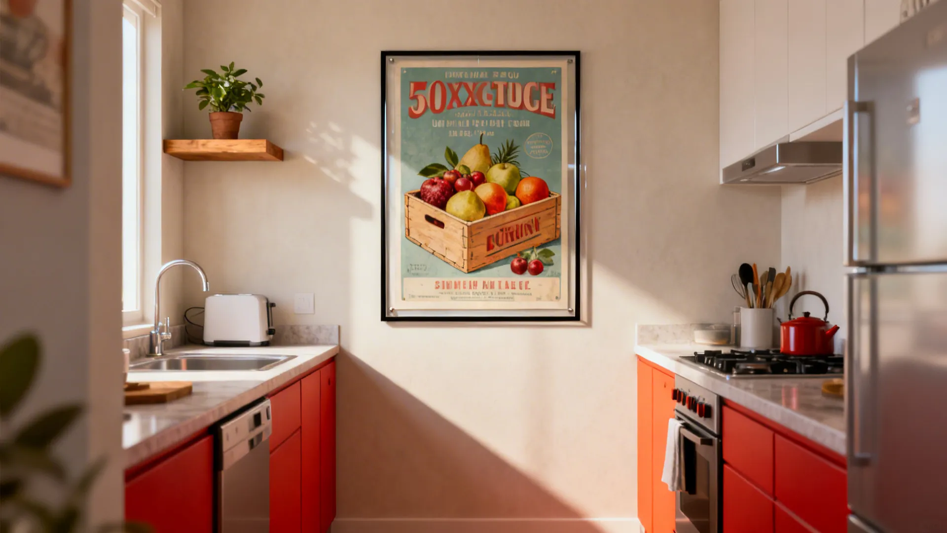 Single oversized vintage food poster framed on a small kitchen wall with warm daylight.