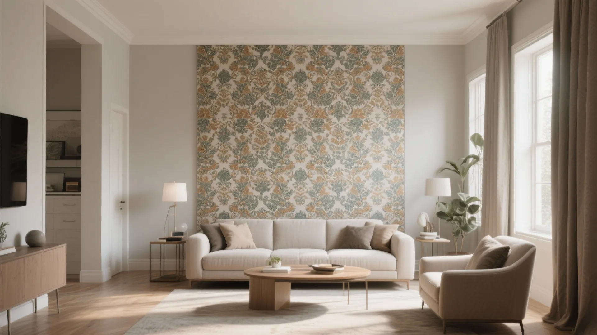 Living room with a patterned wallpaper feature wall white sofa wooden table and natural light
