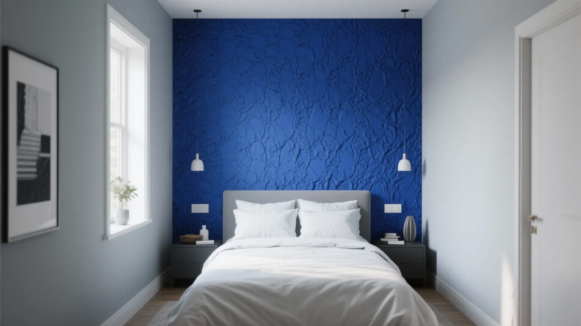Modern bedroom with blue textured wall white bed grey side tables and white ceiling lights