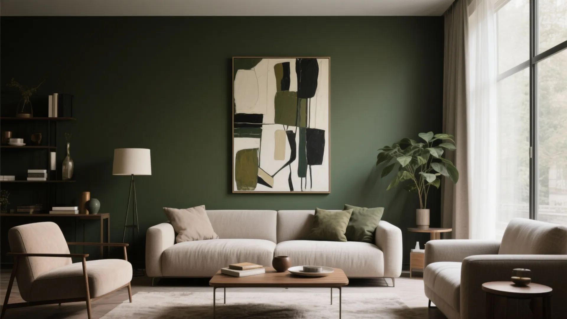 Modern living room with dark green wall abstract painting cream sofa green cushions and lamp