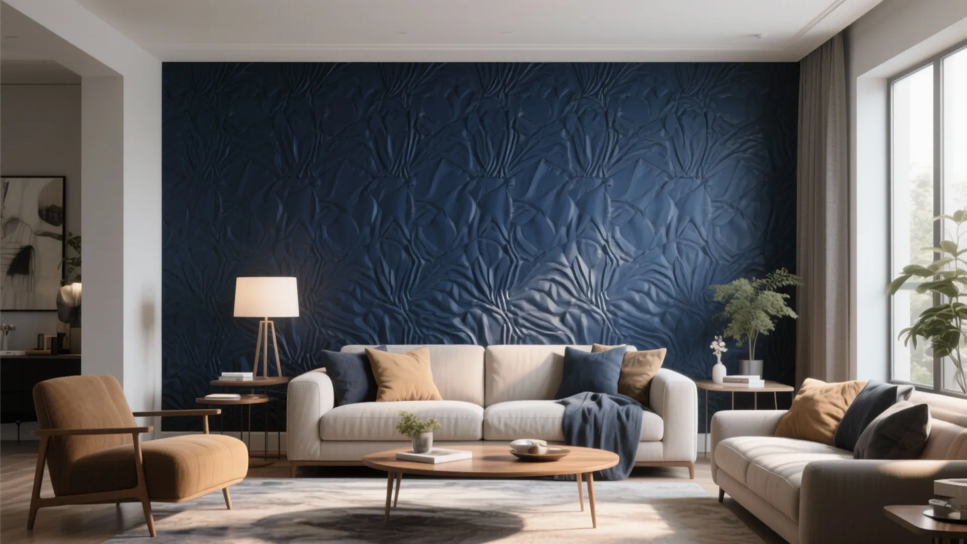 Modern living room with a navy blue statement wall