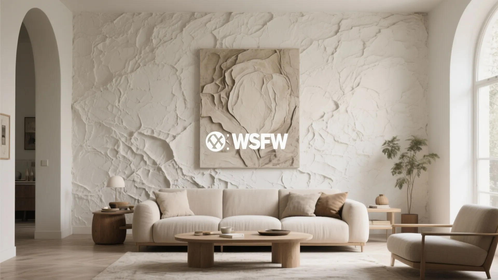 Contemporary living room with a textured wall panel behind a beige sofa and wooden table