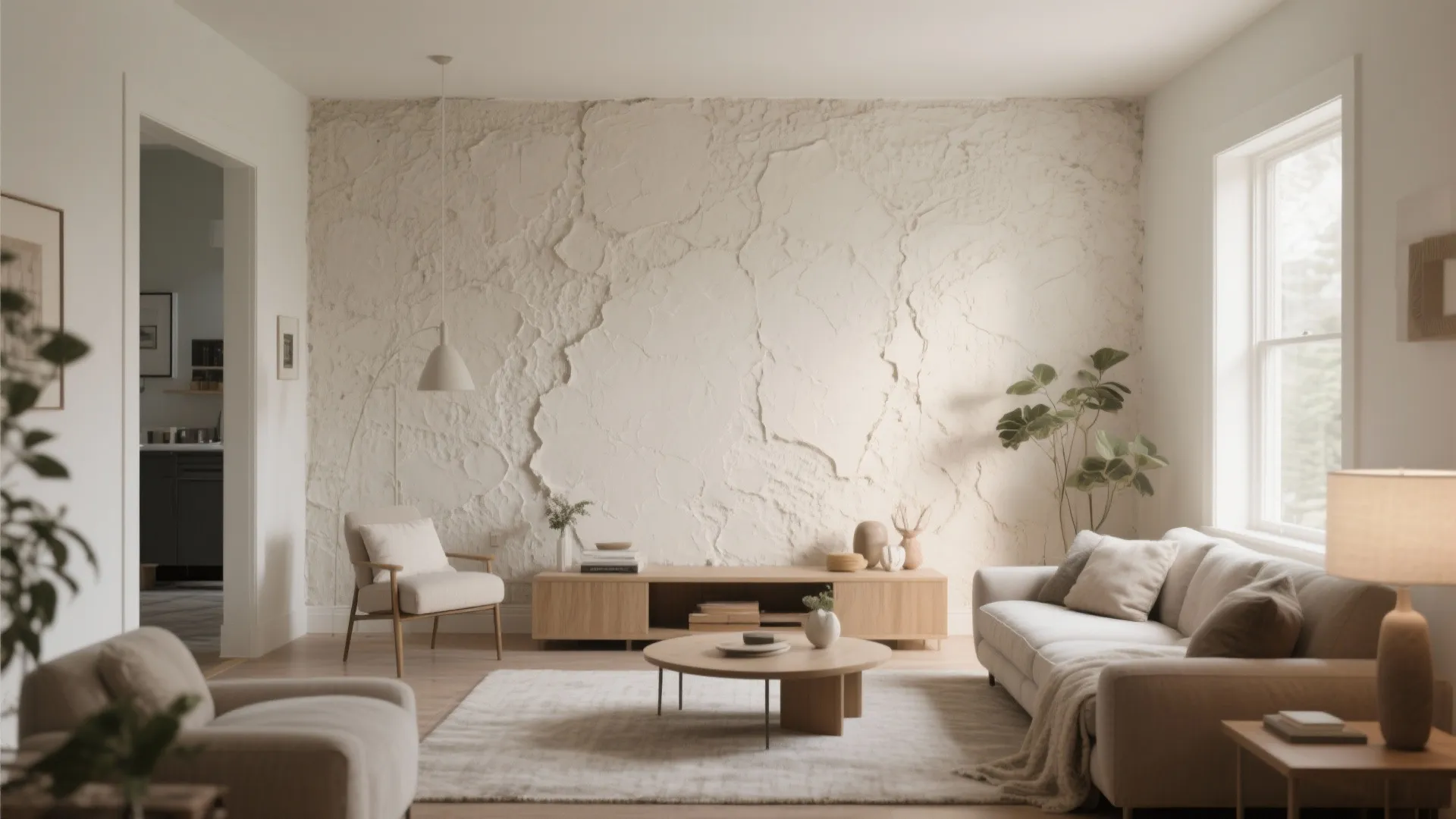 Minimalist living room with textured white wall, beige sofa, wooden cabinet, and round coffee table