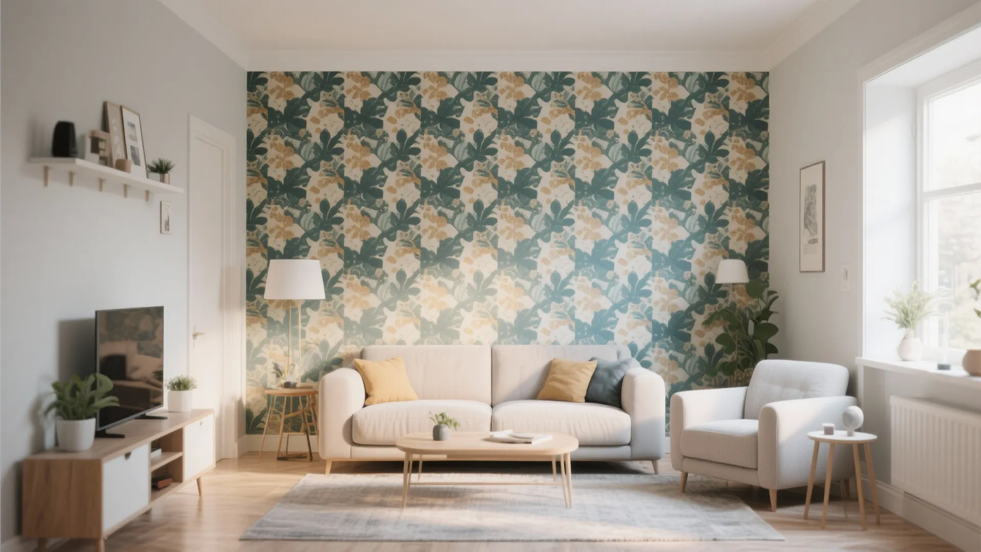 Living room featuring a floral pattern wall white sofa wooden coffee table and small green plants