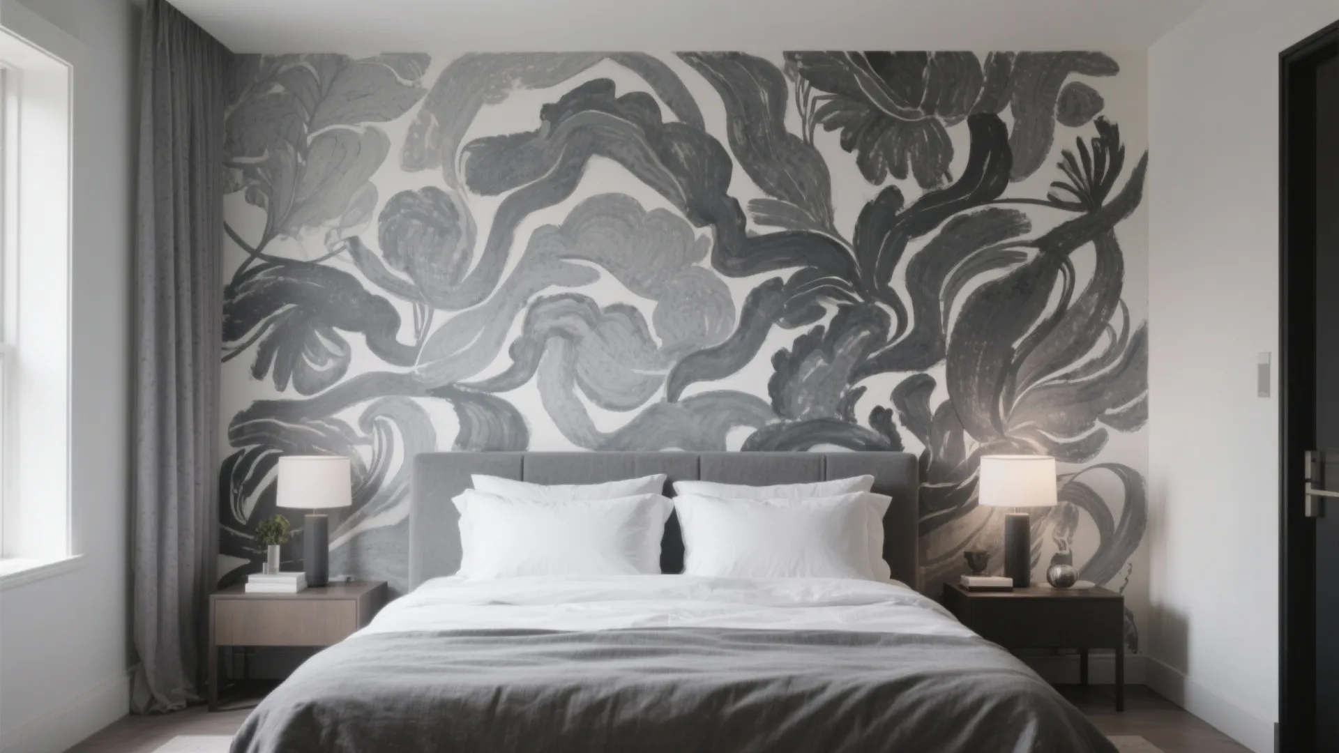 Modern bedroom with black and white mural behind grey bed and two lamps on cabinets