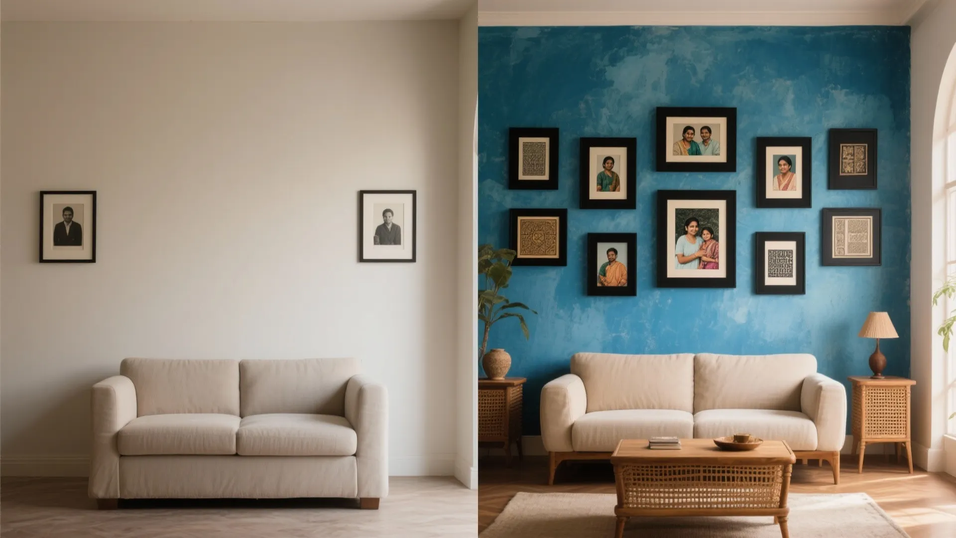 Before and after comparison of plain white wall versus blue textured wall with gallery frames
