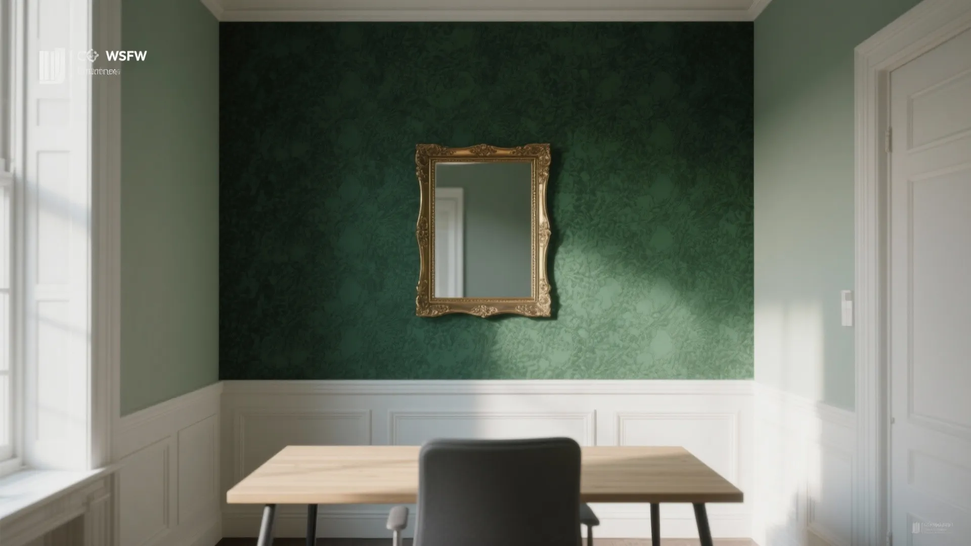 Green textured wall panel with gold mirror above wooden desk in a bright home office
