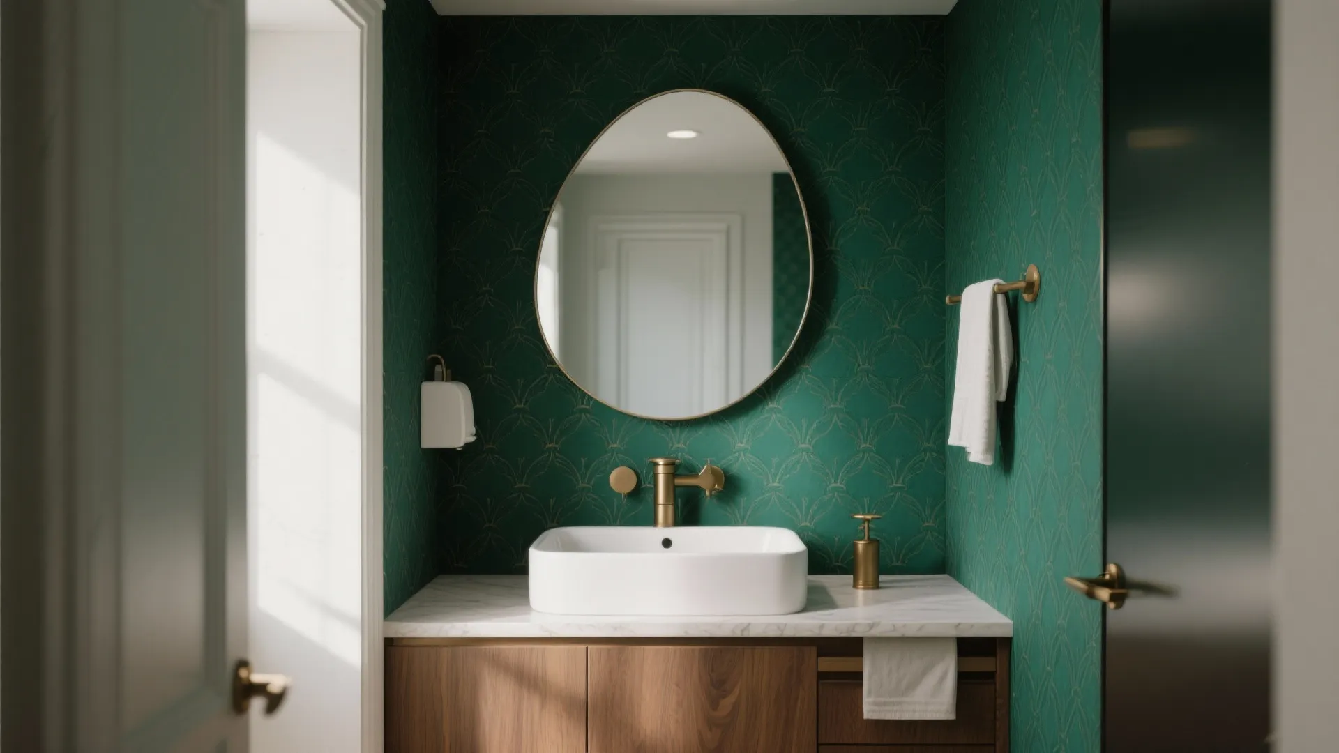Modern bathroom with green wallpaper, oval mirror, white sink, wooden cabinet, and gold water tap