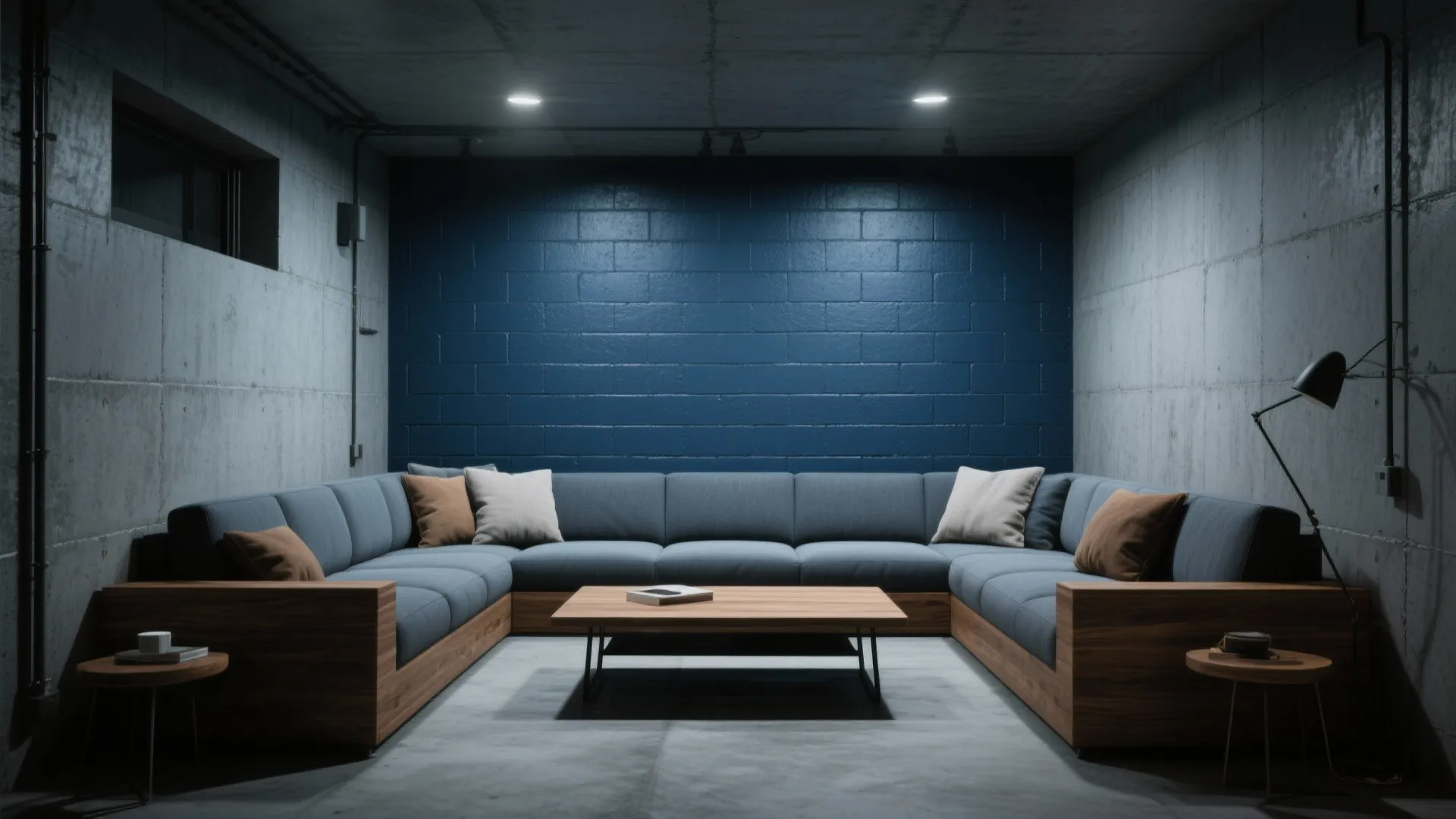Finished basement featuring a deep slate blue statement wall with wood accents and seating.