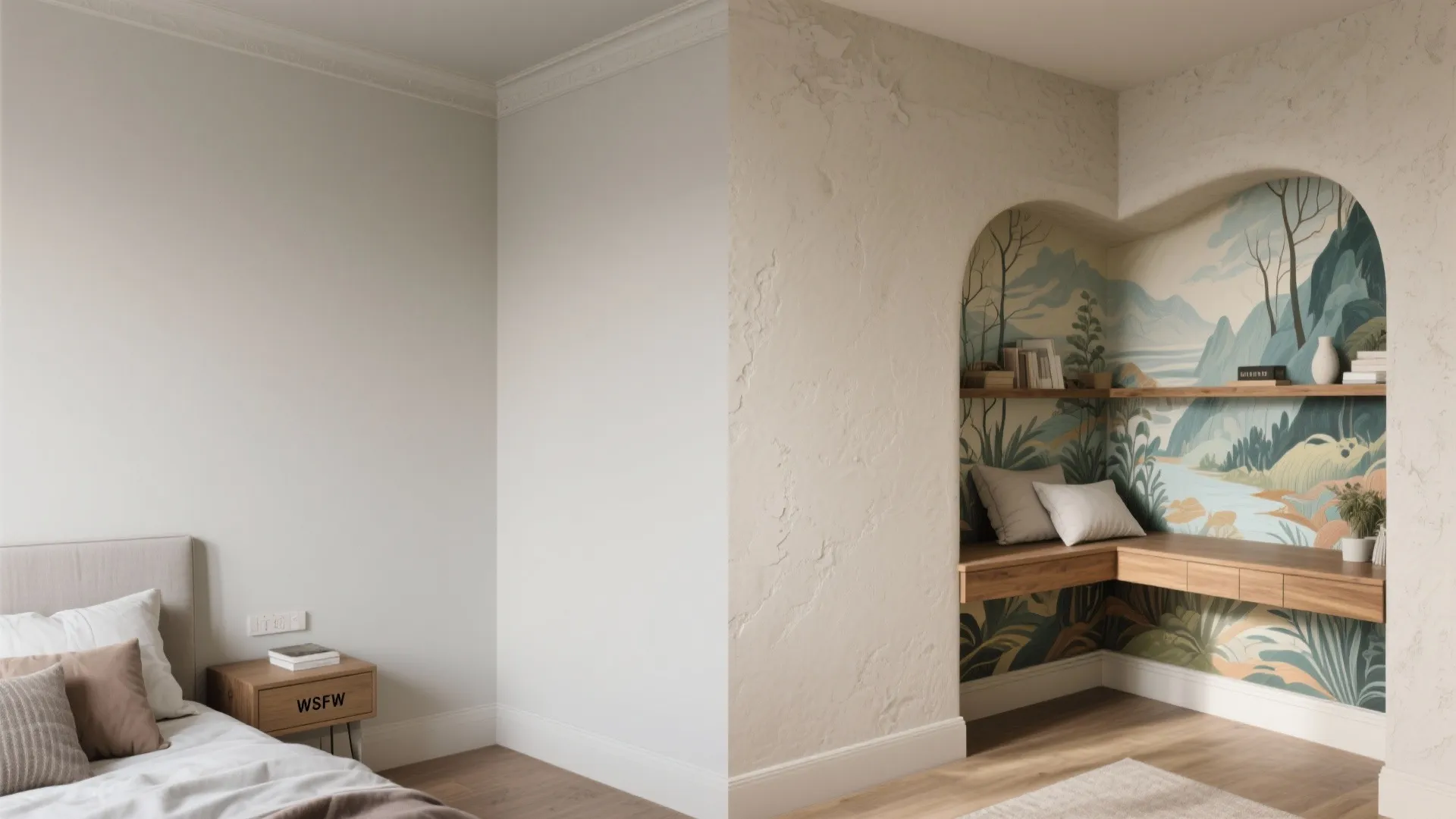 Comparison of plain white wall corner versus finished desk area with mural and wooden shelves