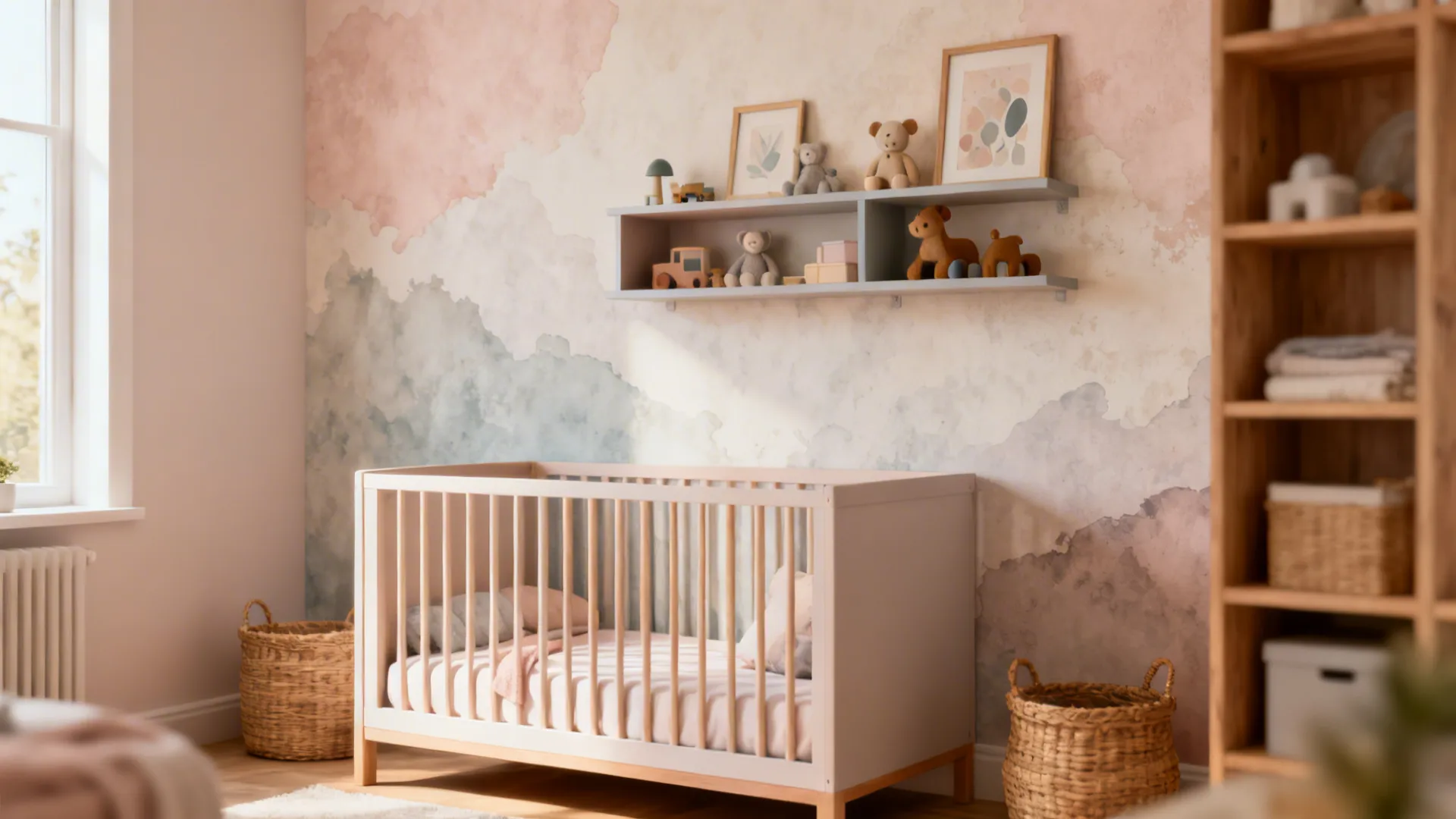 Statement wall with soft mural, open shelves and a crib creating a visual anchor in a small nursery.