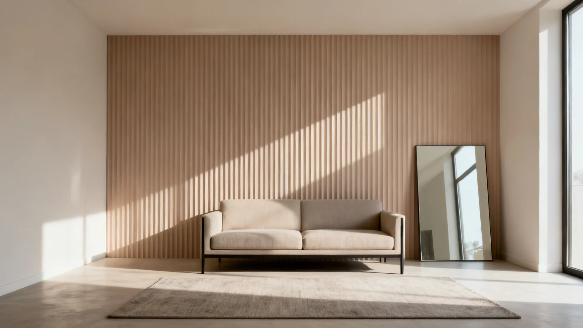 Modern living room with fluted MDF statement wall behind a sofa and streamlined decor.