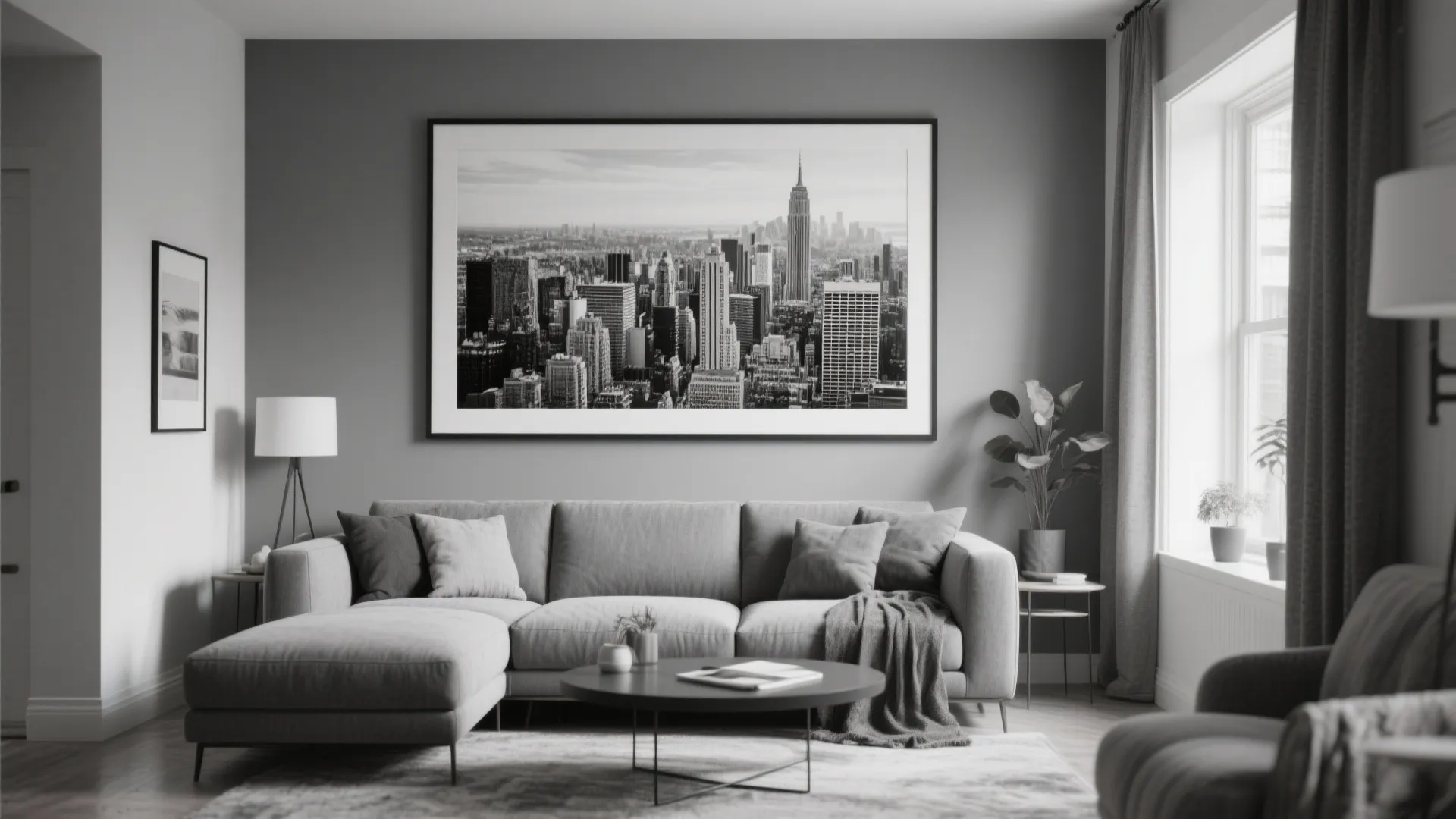 Modern living room with grey wall, large city picture, grey sofa, and round coffee table