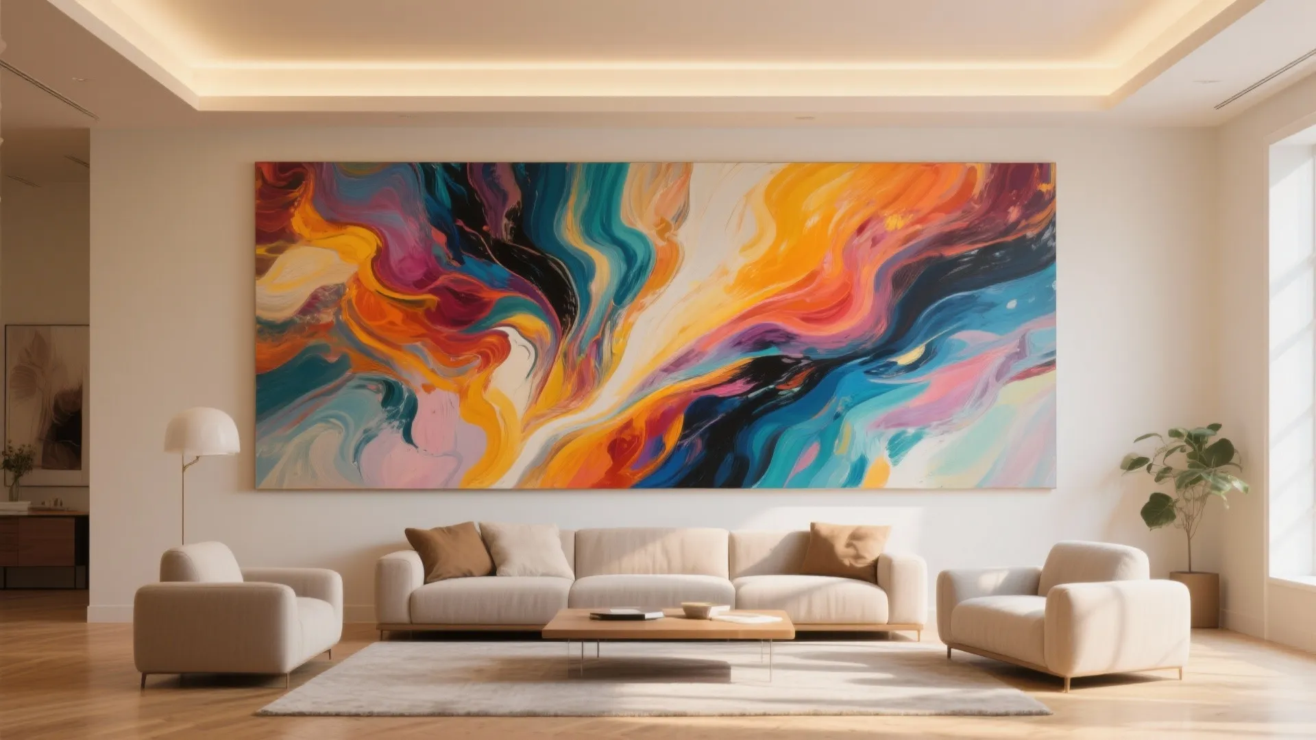 Large colorful abstract painting on wall above white sofa in modern living room interior design