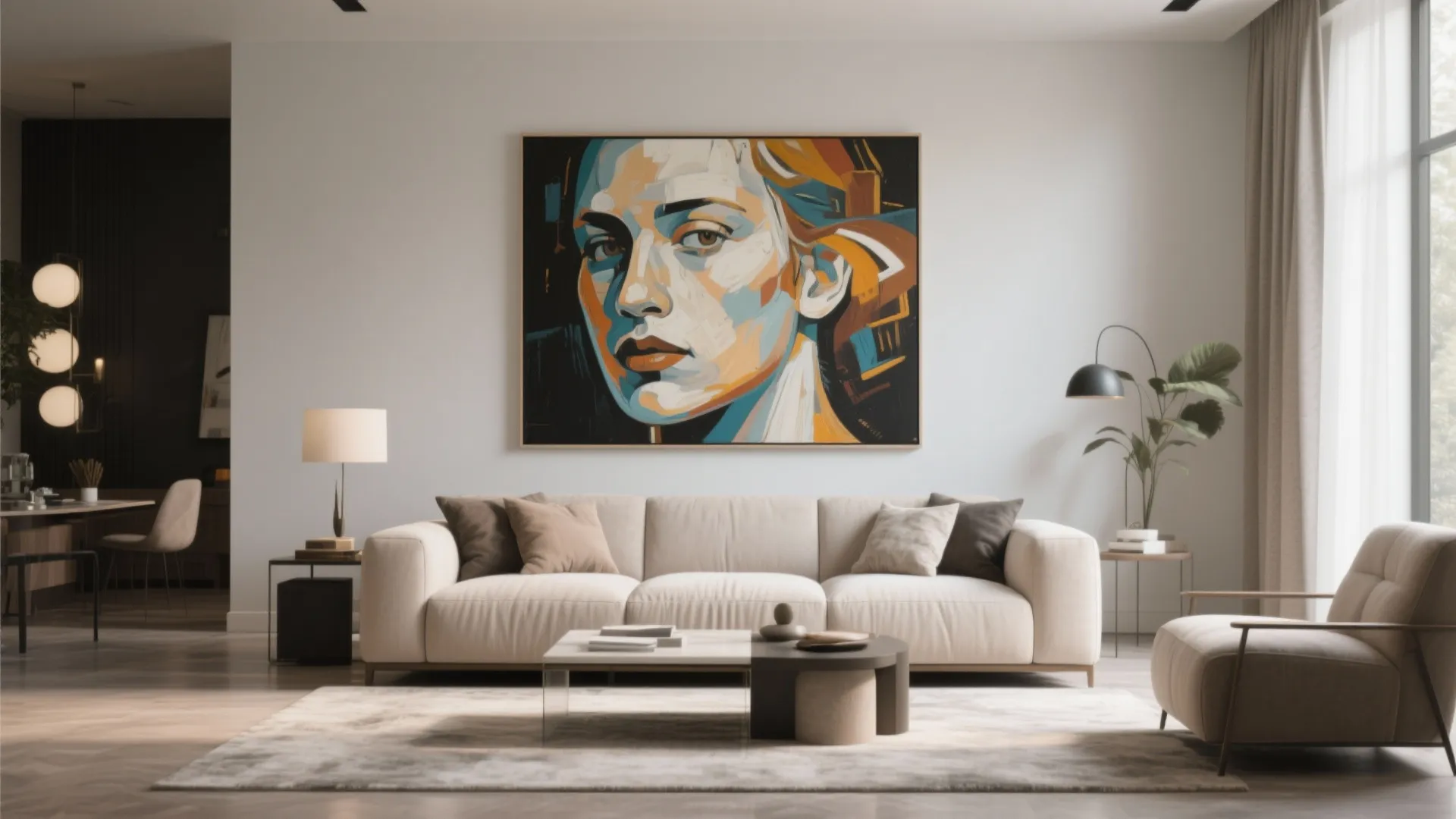Large colorful wall painting of a face above white sofa in a modern bright room