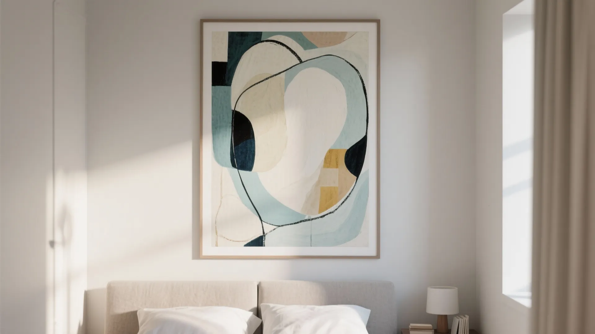 Large abstract wall art with blue and beige shapes hanging above a light grey bed