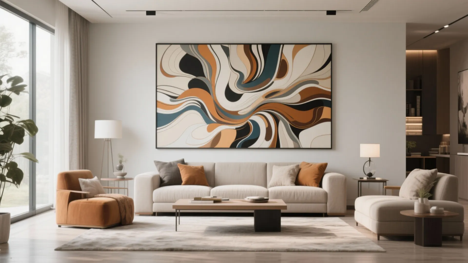 Bright living room with large abstract wall art, white sofa, wooden coffee table, and lamps