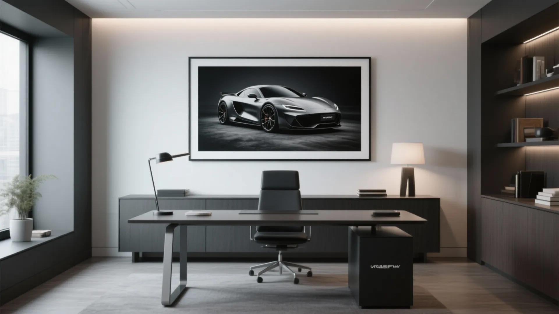 Modern home office featuring large car wall art with black desk and chair in minimalist layout