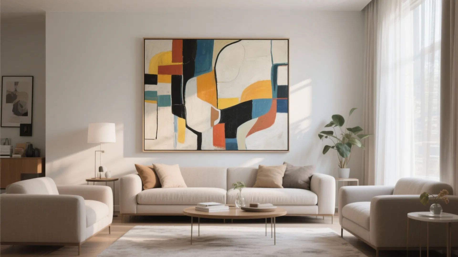 Modern bright living room with large abstract wall painting white sofa wooden table and plant