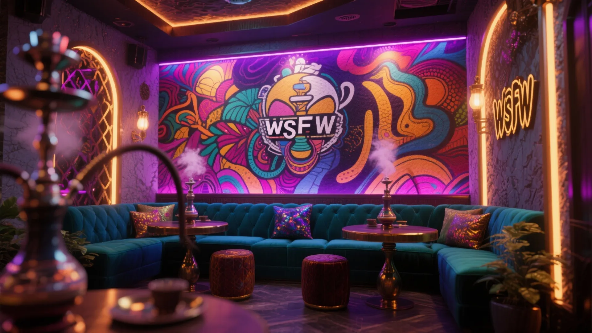 Modern lounge with blue sofa colorful wall art neon lights and gold tables with smoke