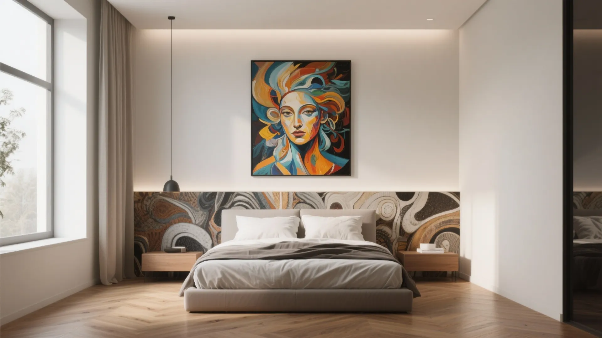 Modern bedroom featuring a colorful portrait wall art and patterned wall panel behind the bed