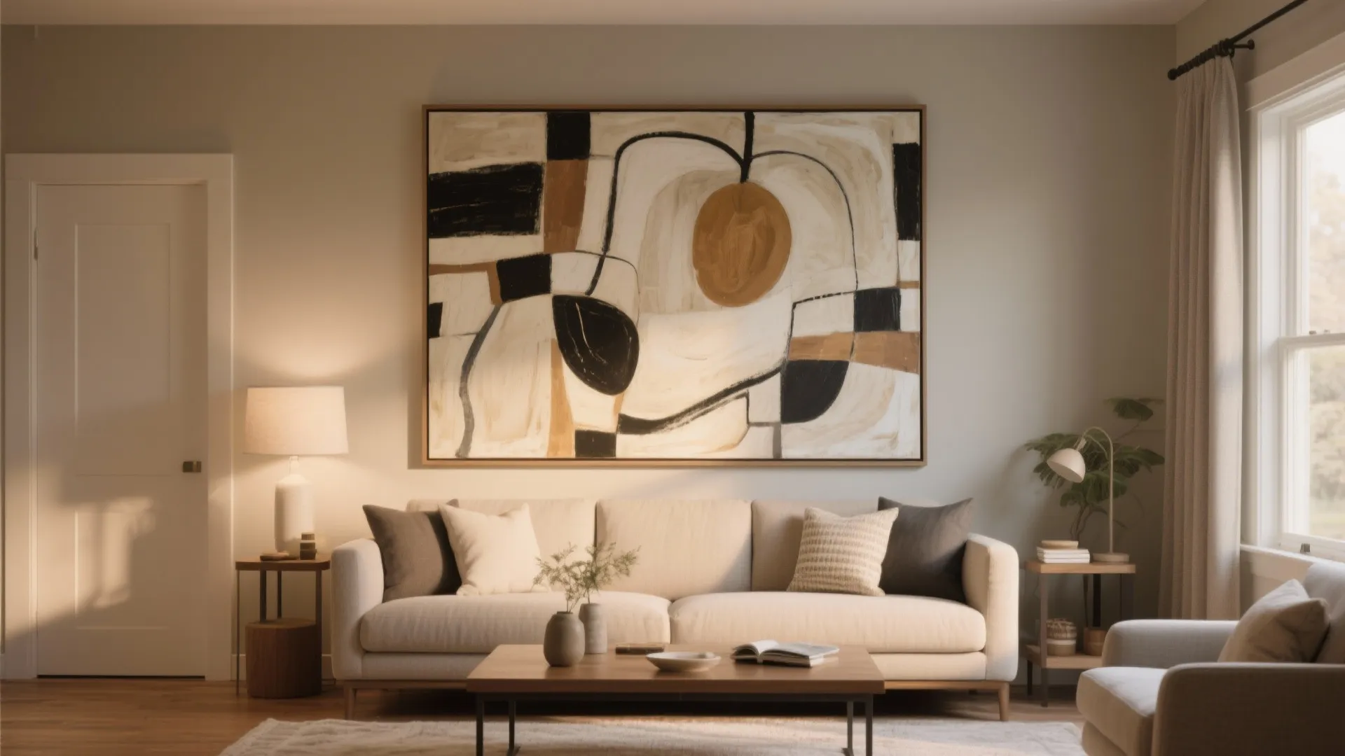 Small living room with large abstract art above a modern sofa