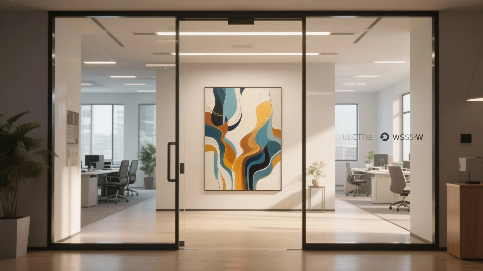Office entryway with oversized abstract wall art and modern decor