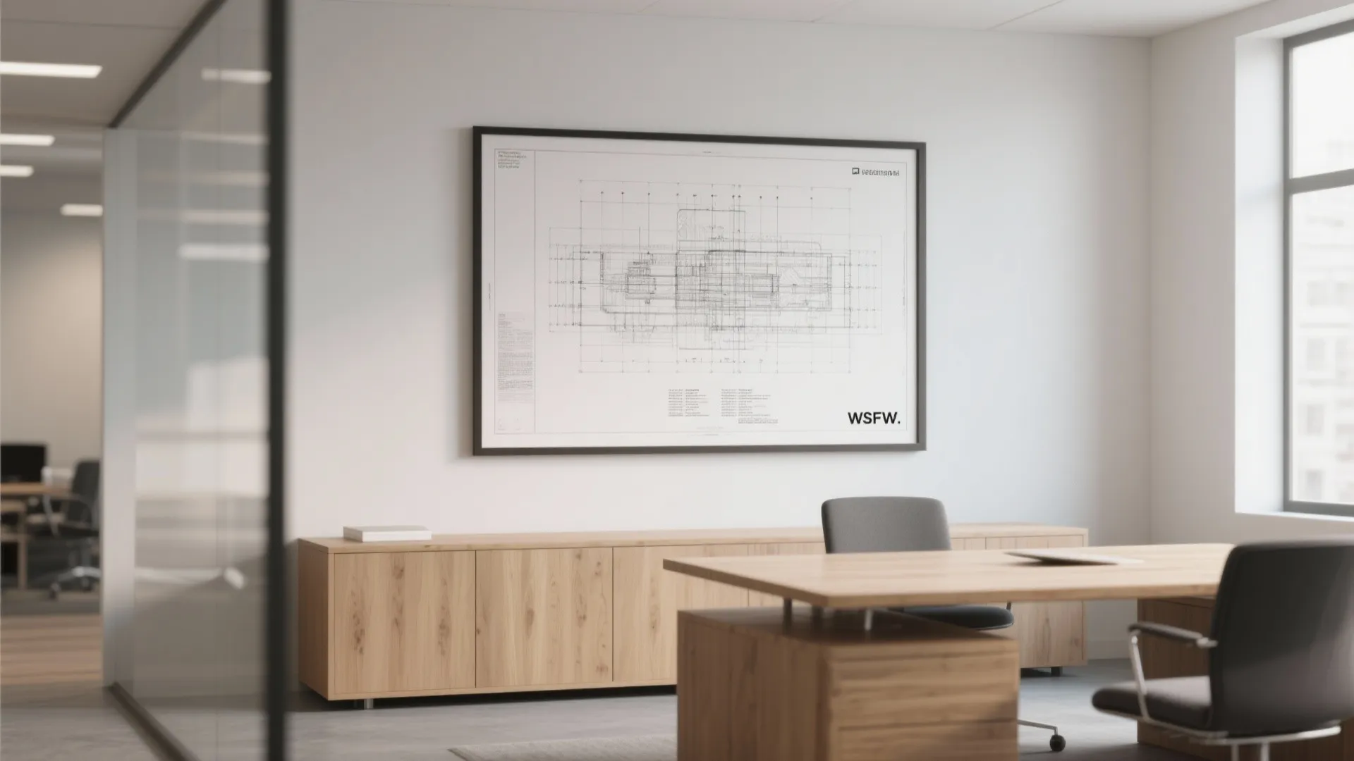 Modern office with a large blueprint artwork on the wall