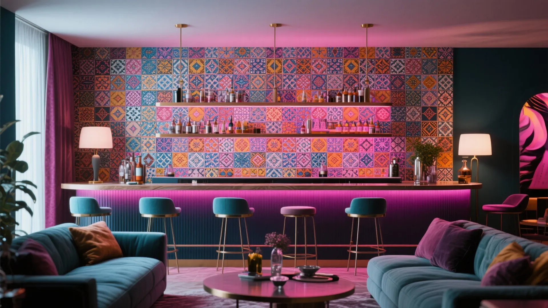 Living room bar with bold patterned wall backdrop