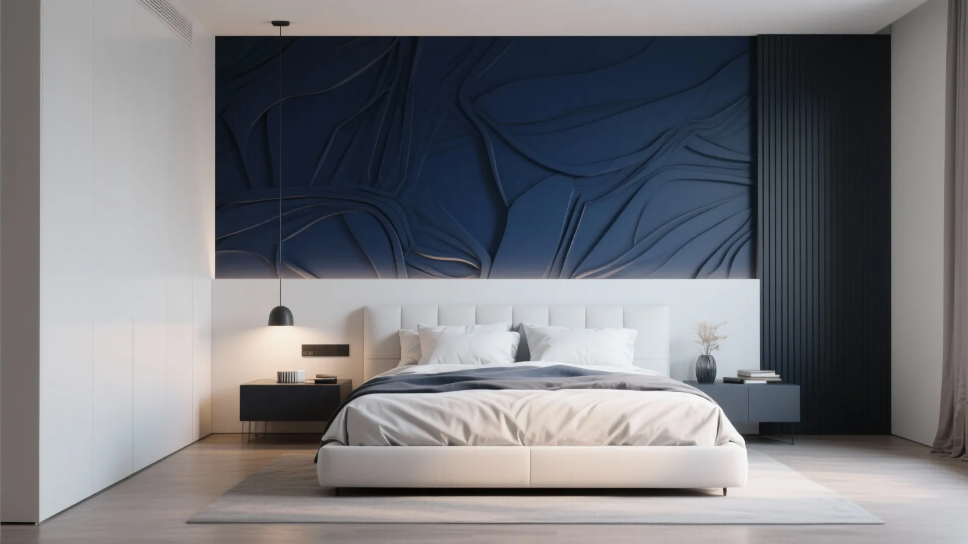 Modern bedroom featuring white bed with dark blue textured wall panel and small hanging light