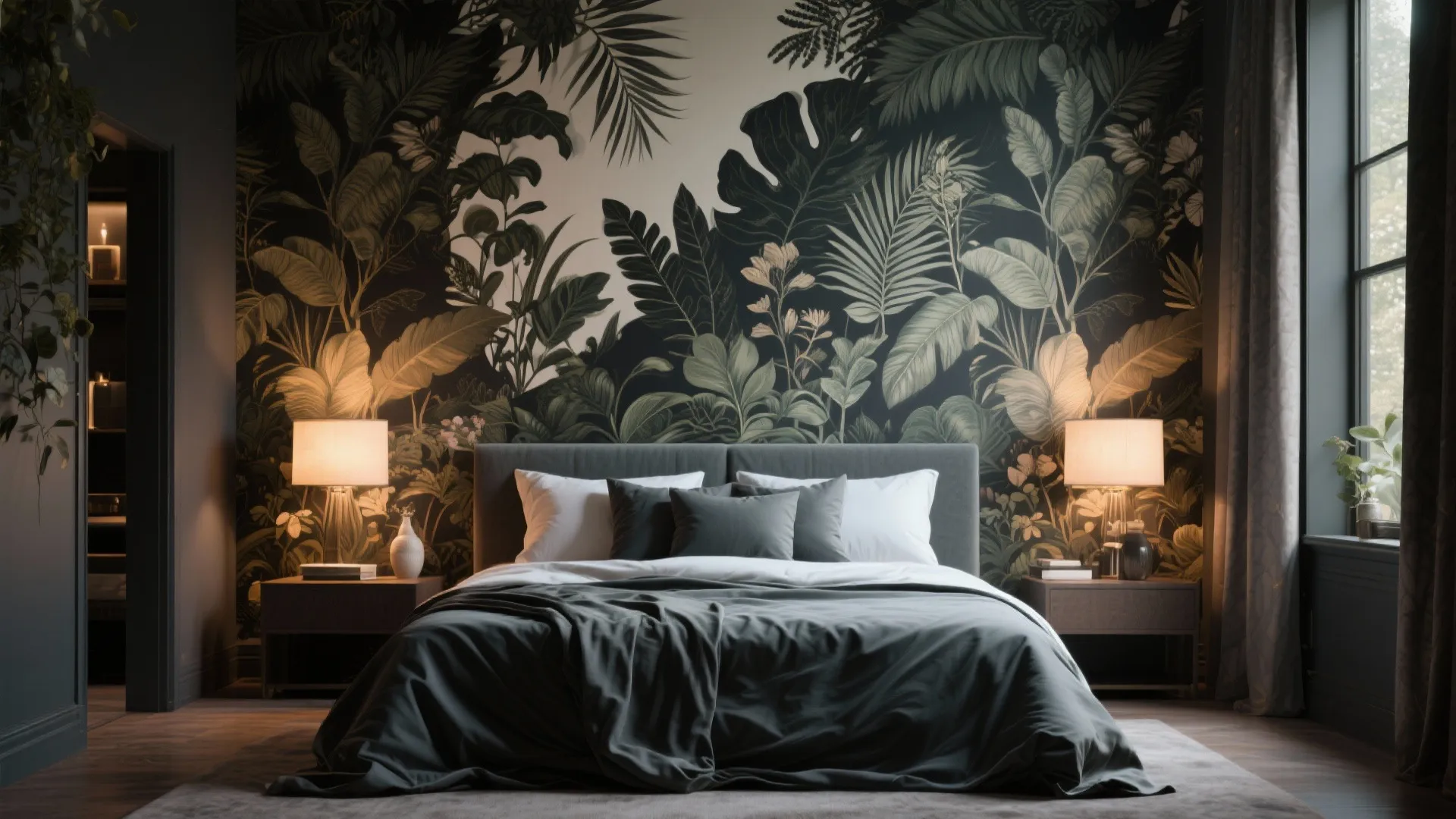 Dark bedroom with tropical leaf wallpaper behind a grey bed flanked by two warm lights