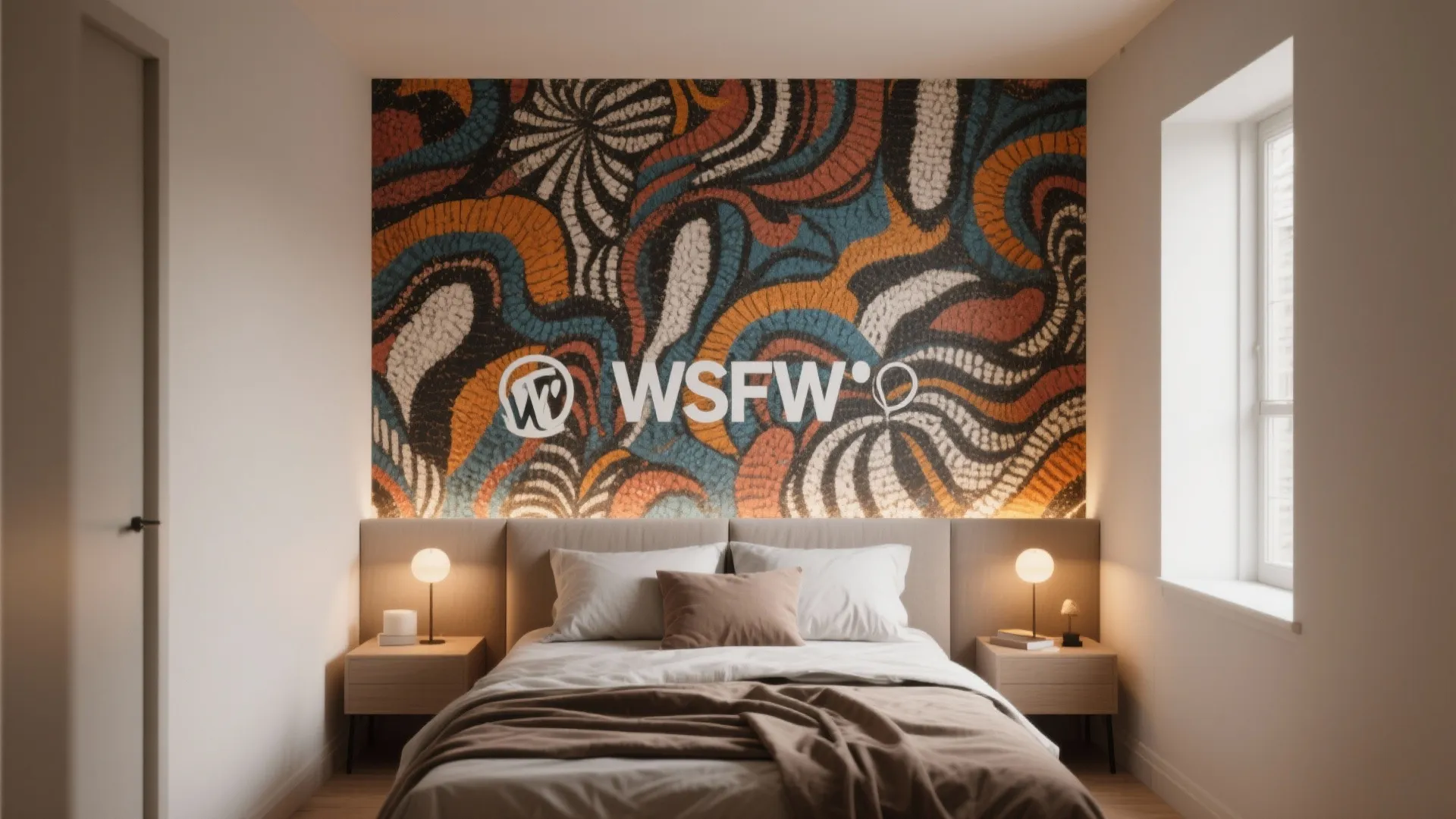 Modern bedroom with colorful patterned wall panel behind bed and two small round bedside lamps