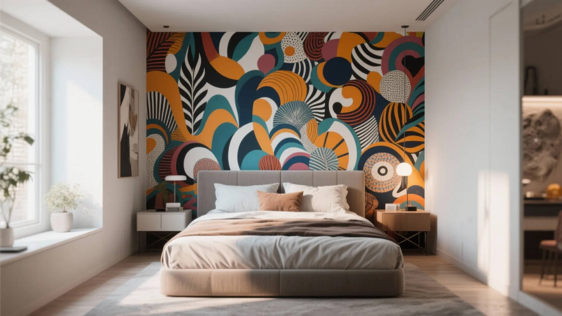 Bright bedroom featuring a colorful abstract wall panel behind a grey bed and white window