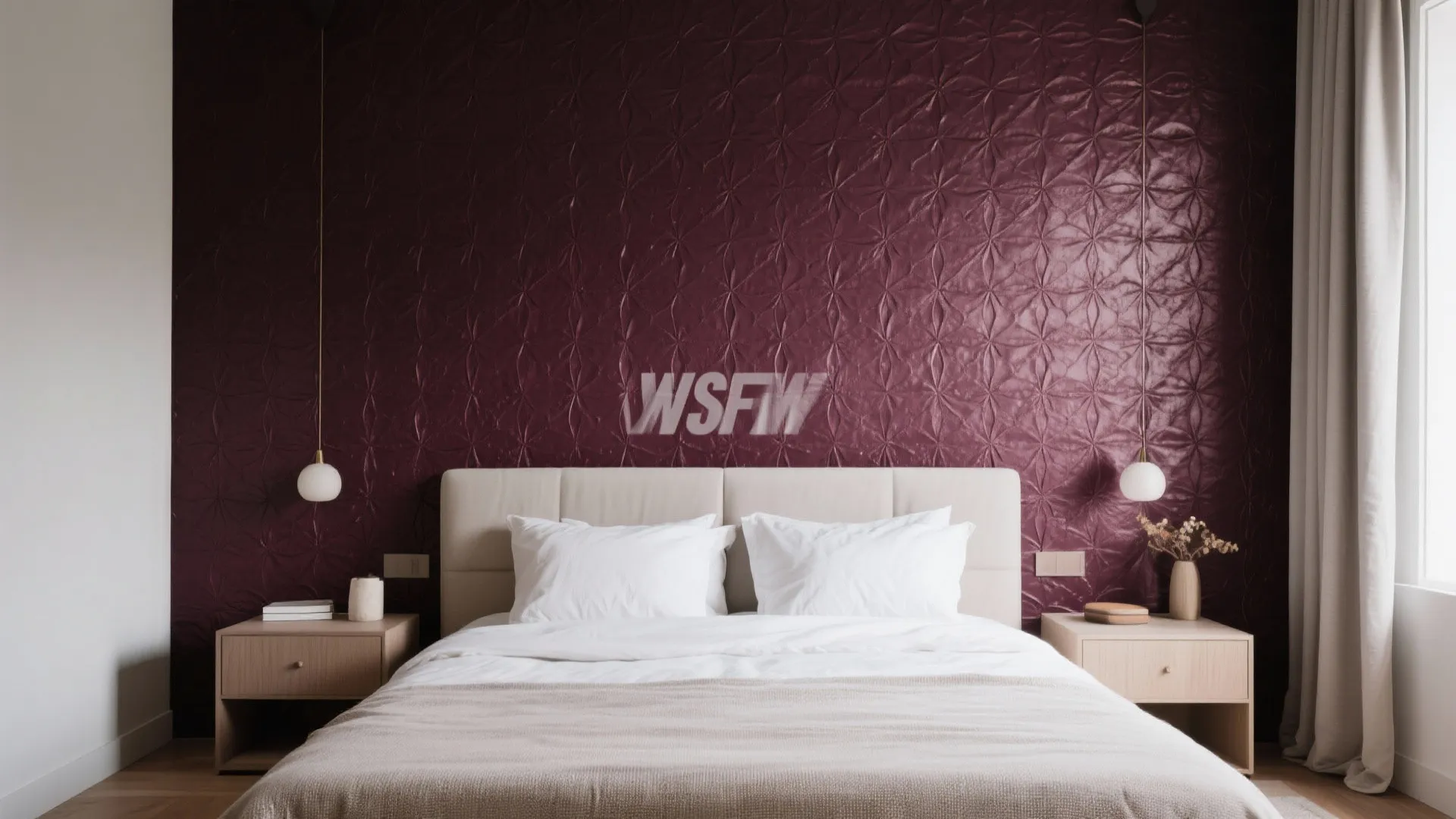 Modern bedroom with textured purple wall panel behind a white bed and two small tables
