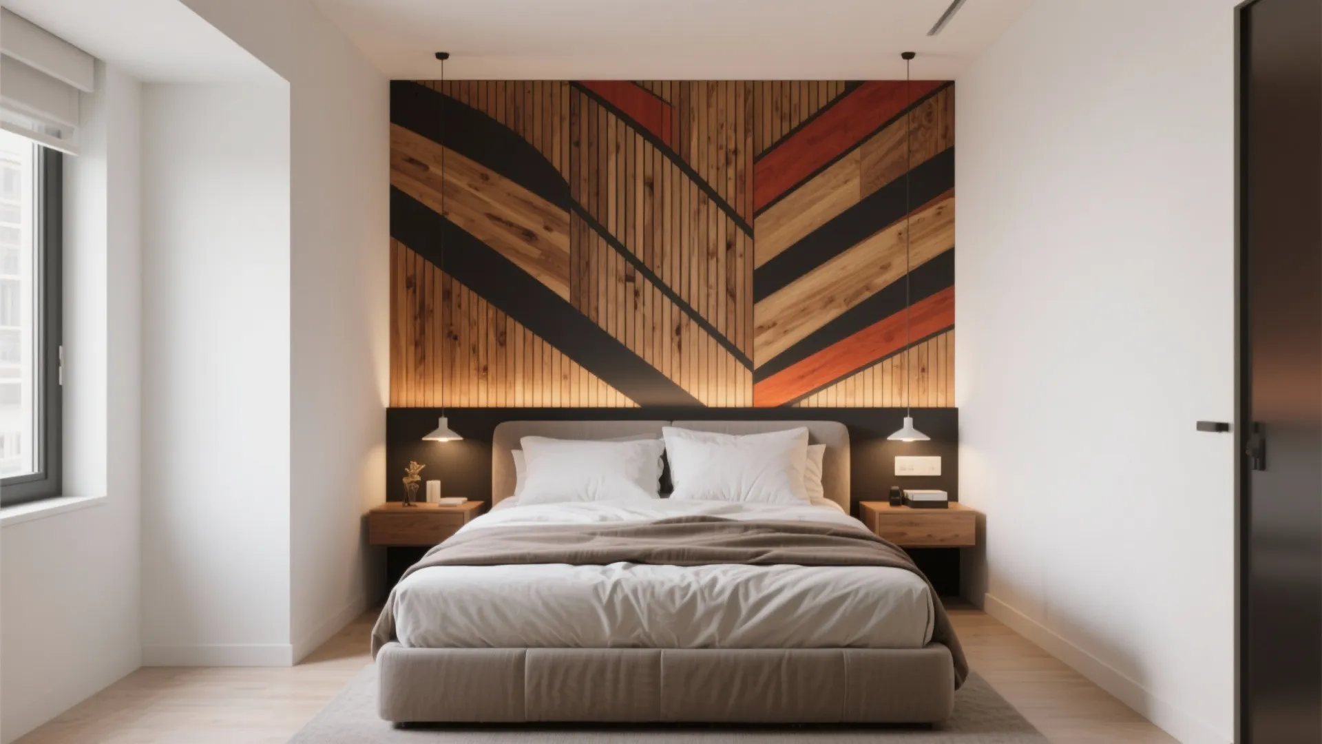 Minimalist bedroom with a decorative wood wall panel behind the bed and two small bedside lights