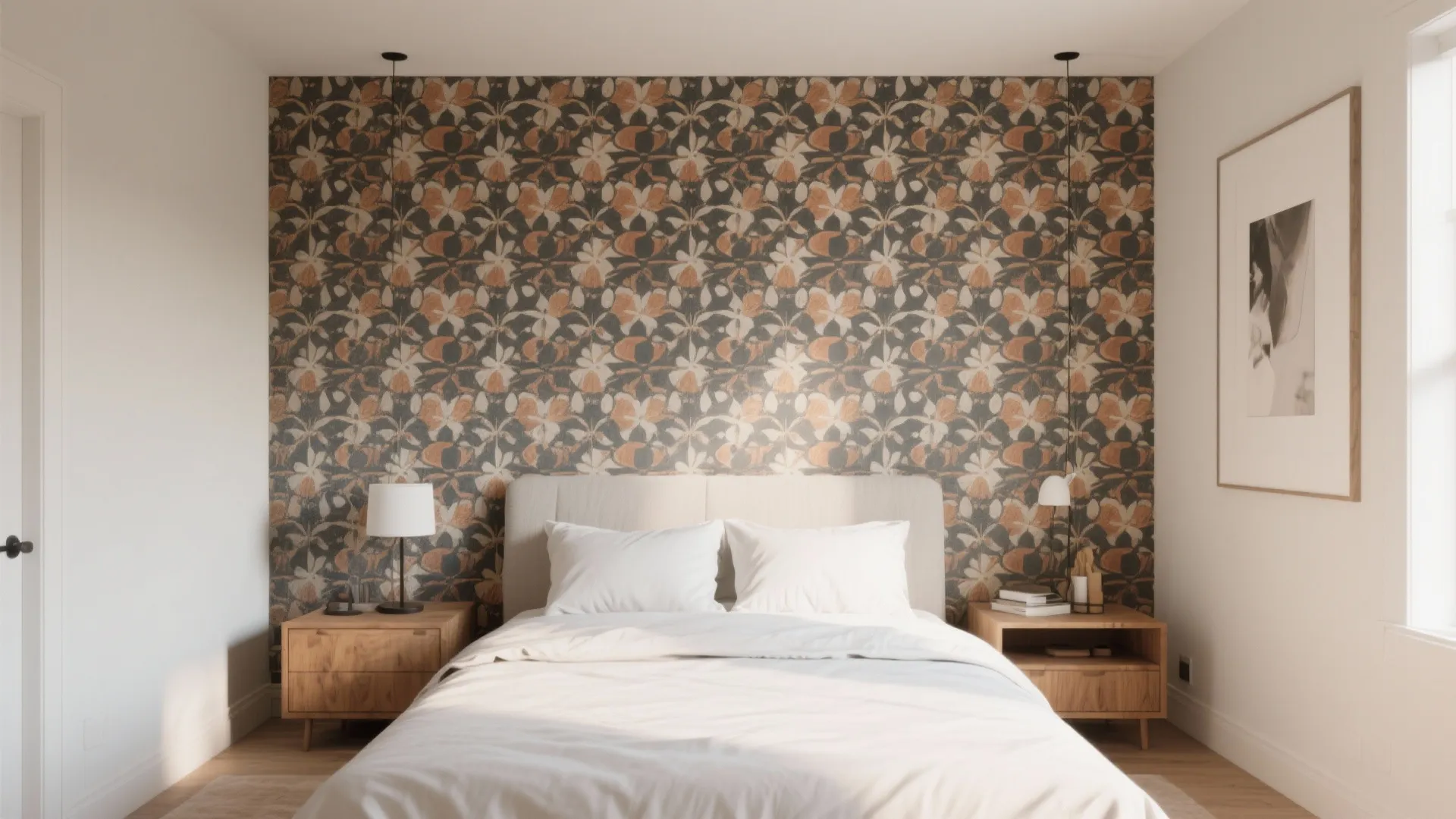 Minimalist bedroom featuring floral pattern wall panel behind a white bed with two wooden cabinets