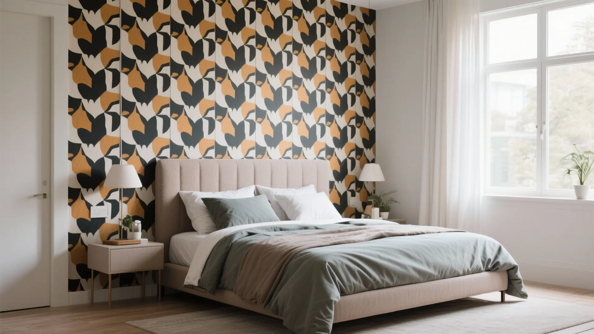 Modern bedroom featuring patterned wallpaper with beige bed and green pillows beside a bright window