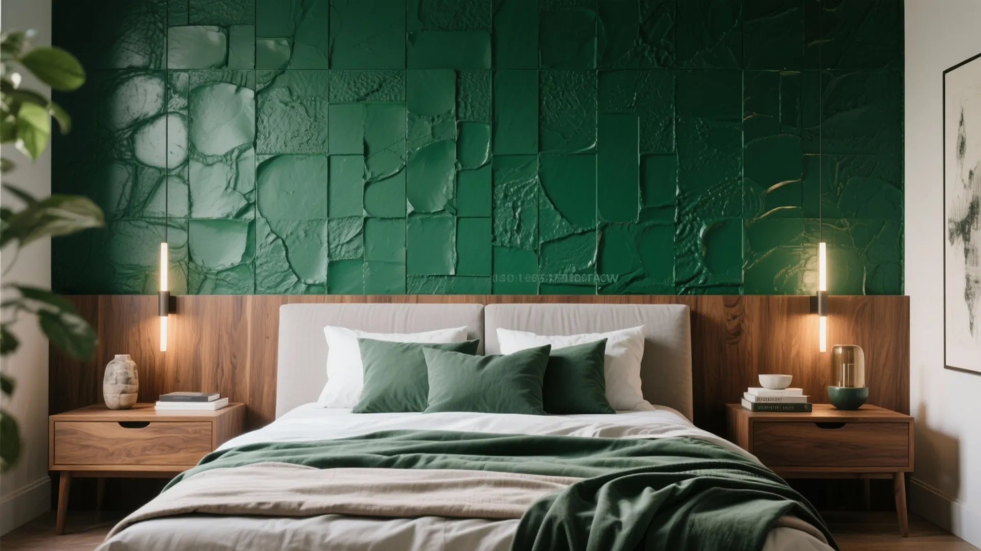 Modern bedroom with green textured wall panel wooden headboard two bedside tables and green bedding