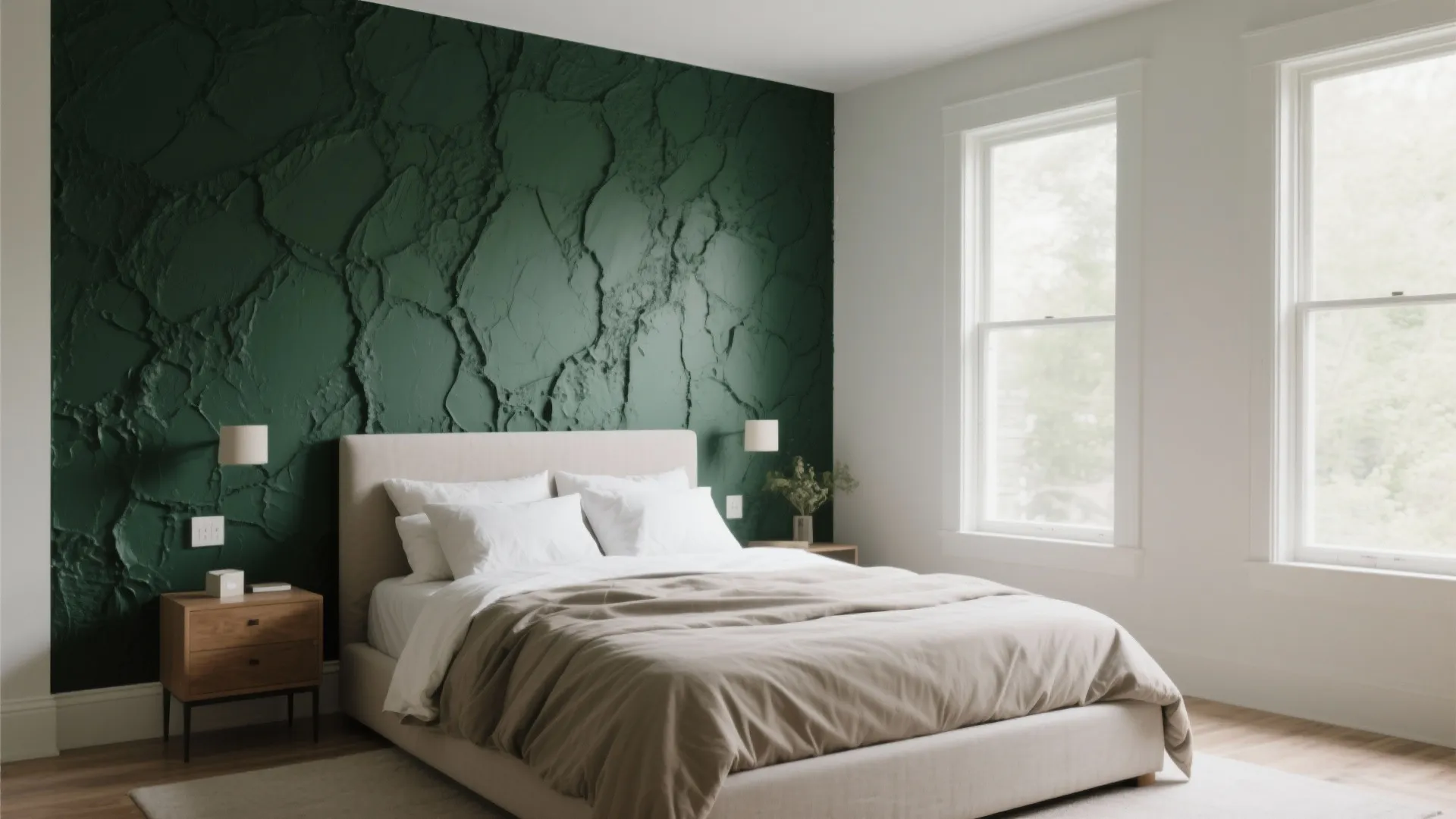 Modern bedroom with dark green textured wall panel beige bed white pillows and two windows